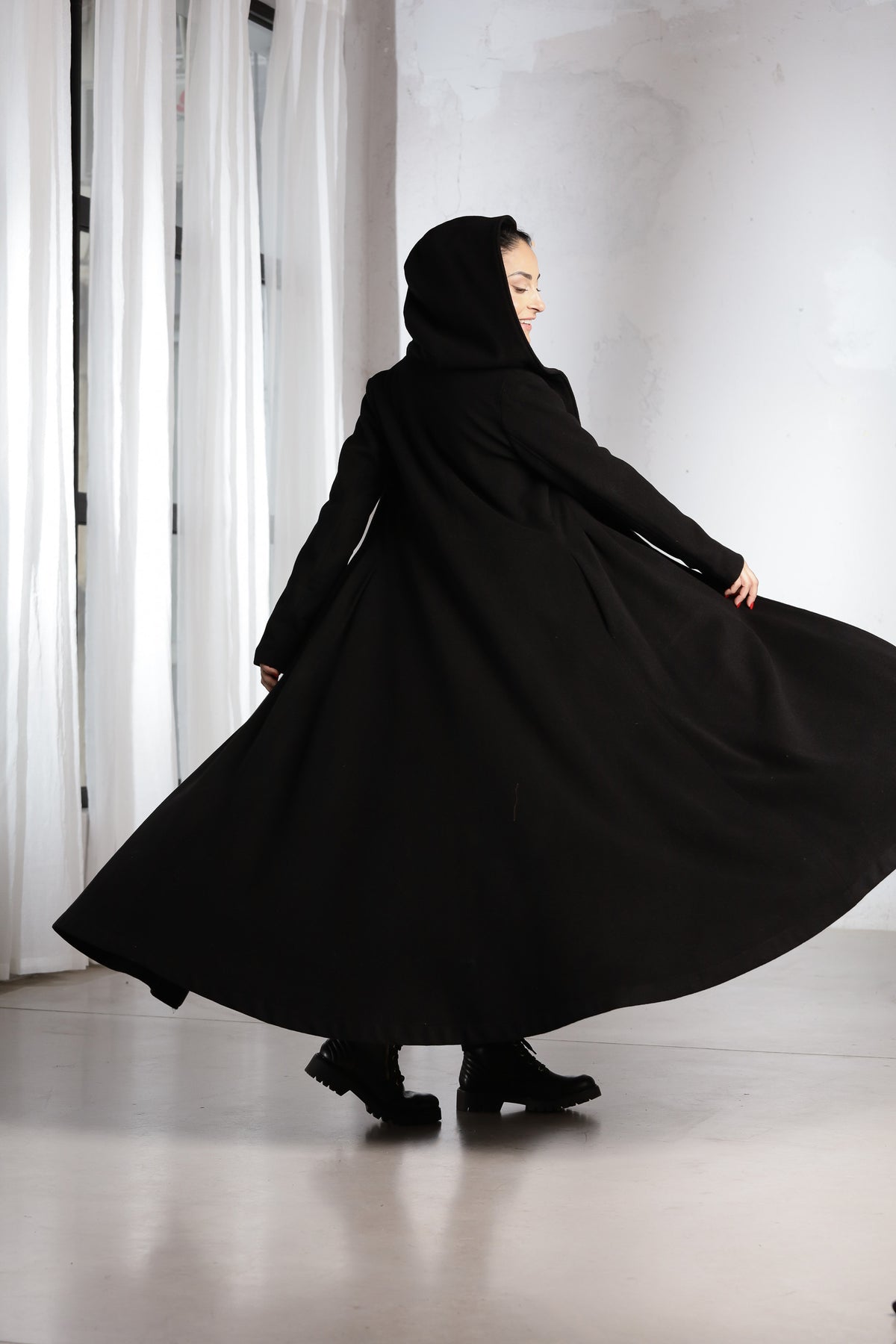 Black Hooded Wrap Coat – Elegant Full-Length Flared Wool Coat for Women