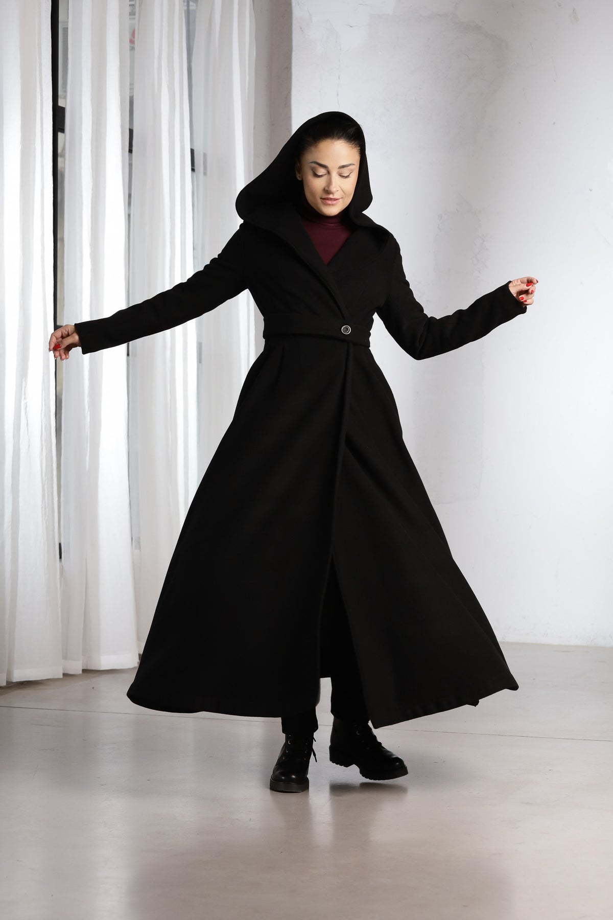 Black Hooded Wrap Coat – Elegant Full-Length Flared Wool Coat for Women