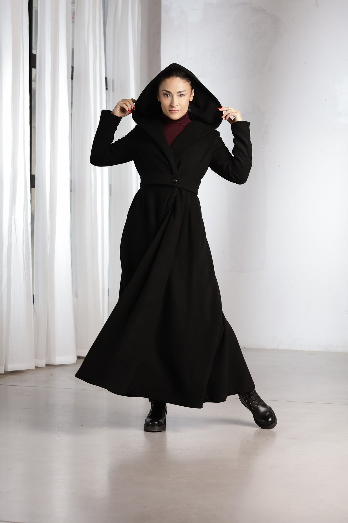 Black Hooded Wrap Coat – Elegant Full-Length Flared Wool Coat for Women