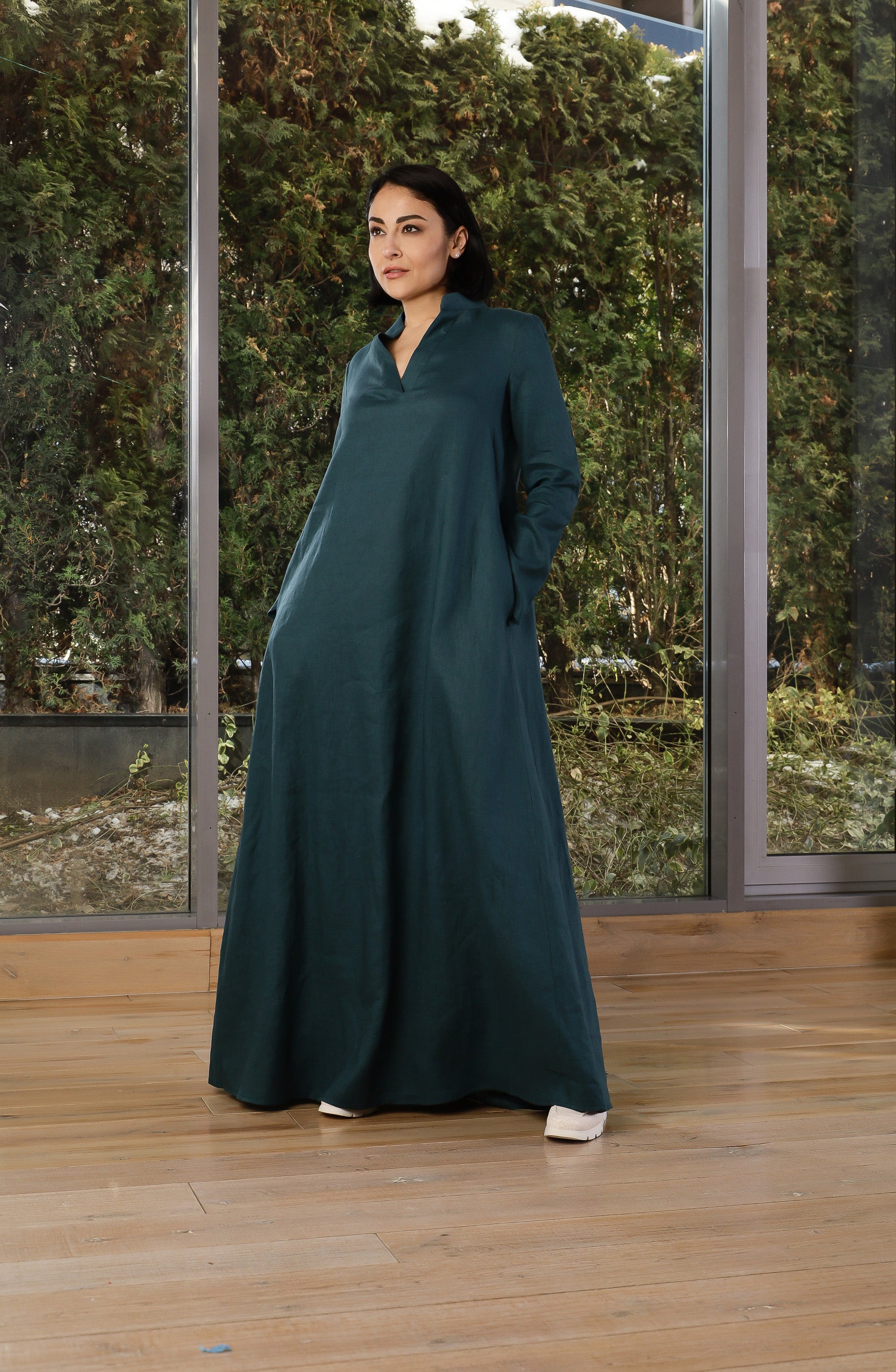 Dark Teal Linen Maxi Dress – Loose Long Sleeve Kaftan Dress