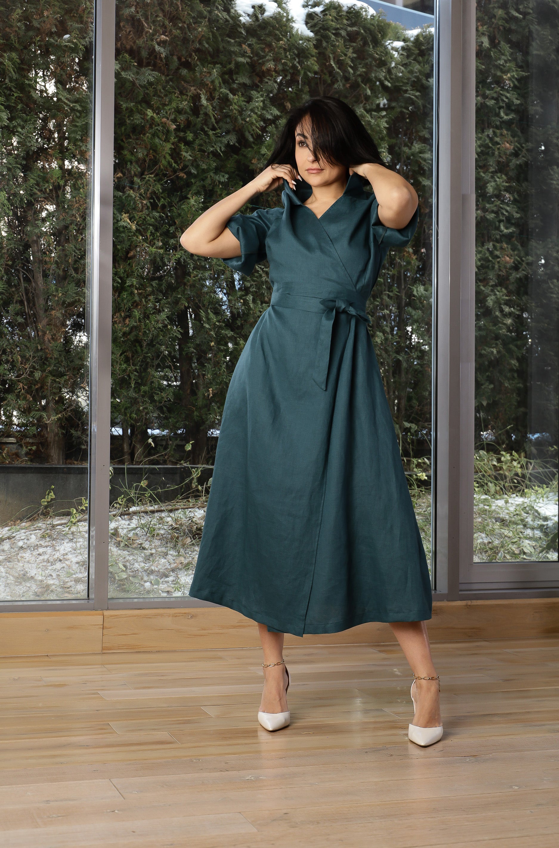 Dark Teal Linen Wrap Dress – Elegant Midi Linen Dress with Belt