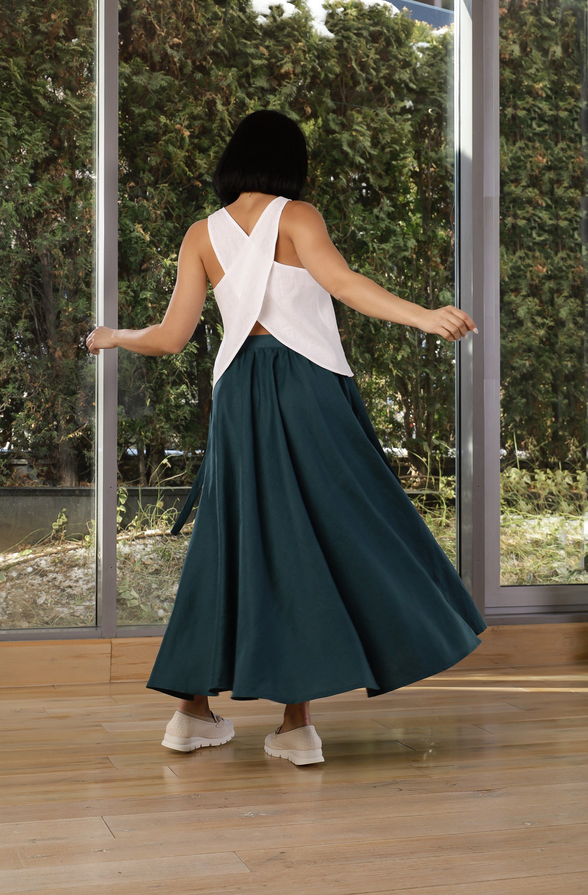 Dark Teal Linen Wrap Maxi Skirt for Women