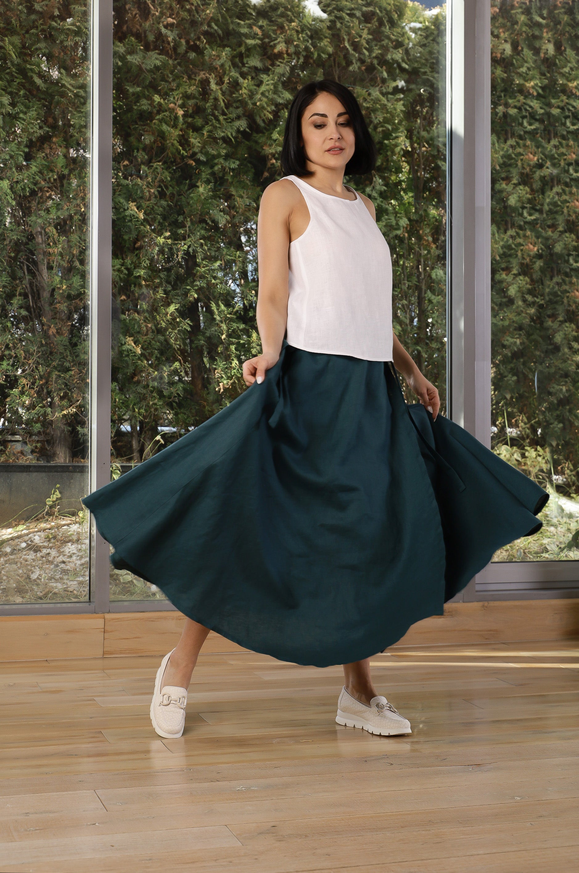 Dark Teal Linen Wrap Maxi Skirt for Women