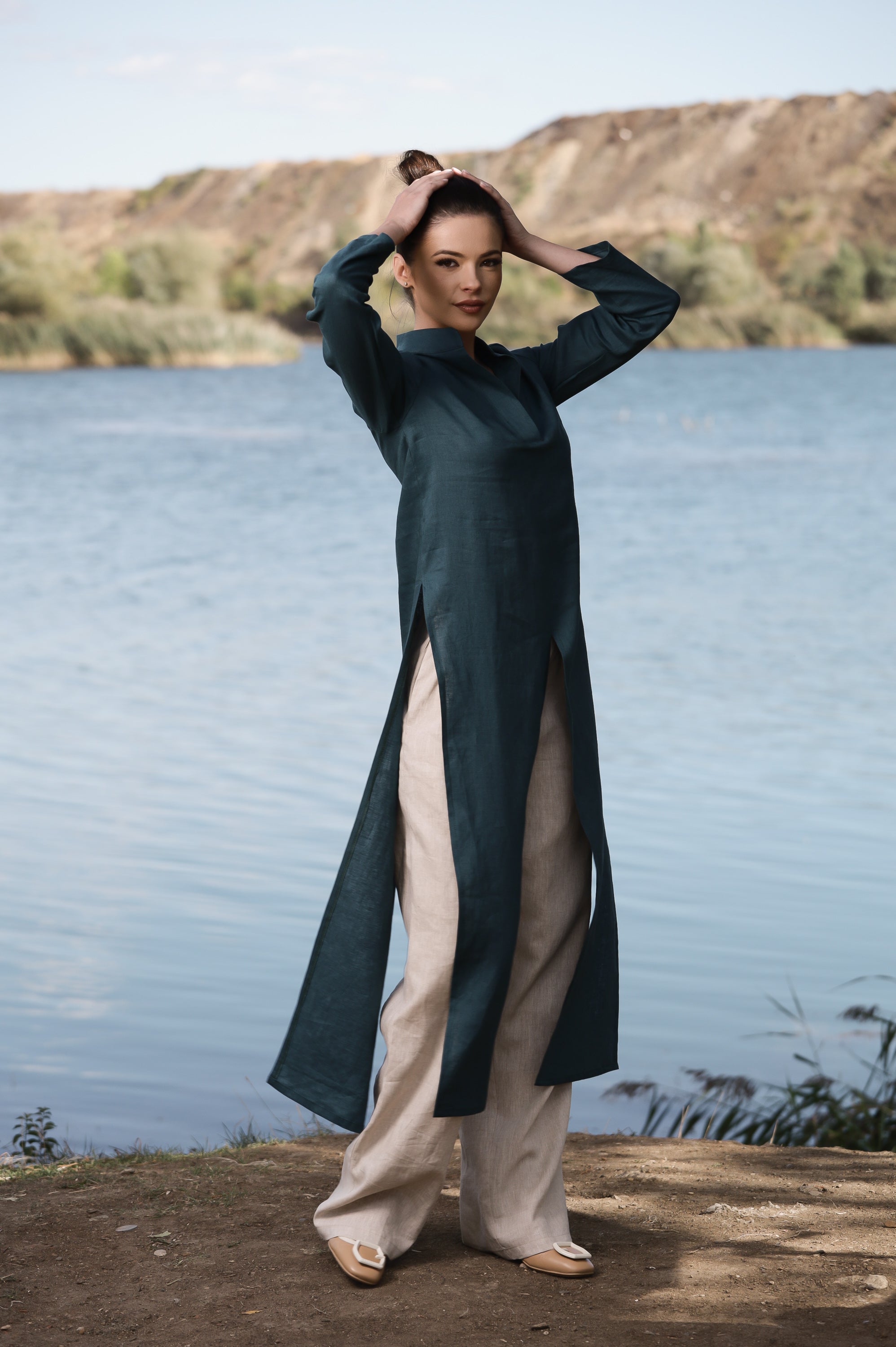Deep Teal Linen Duster Dress – Long Layering Piece with Side Slits