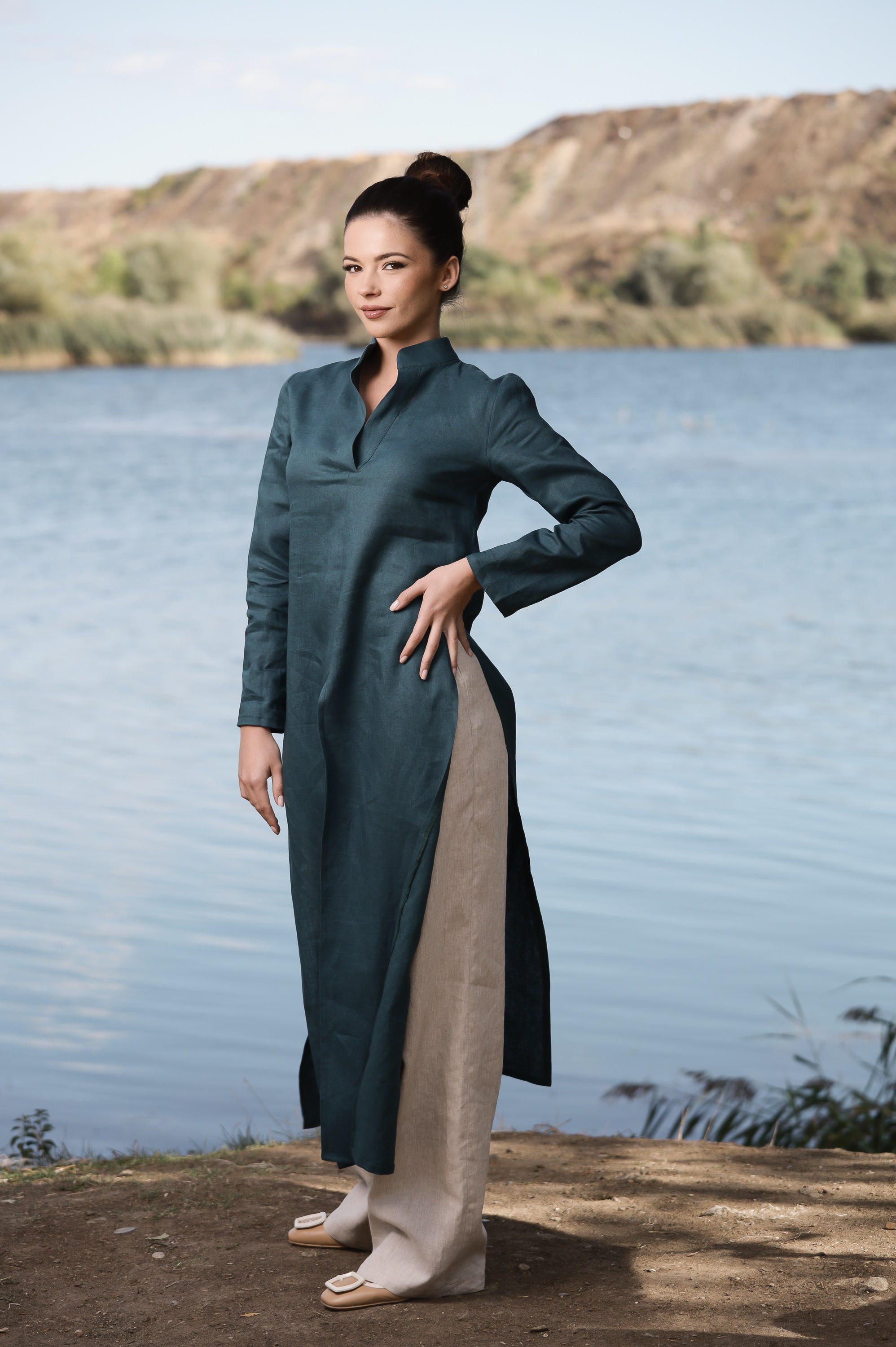 Deep Teal Linen Duster Dress – Long Layering Piece with Side Slits
