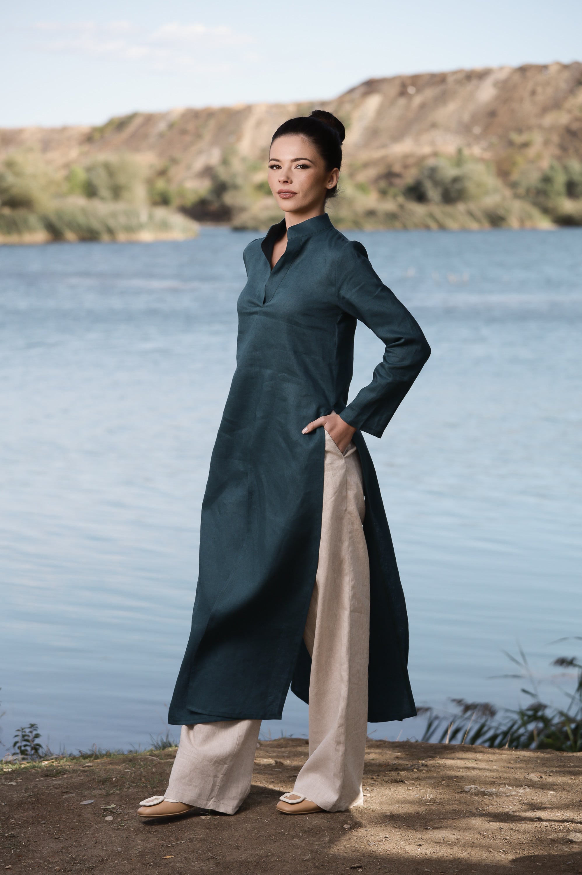 Deep Teal Linen Duster Dress – Long Layering Piece with Side Slits