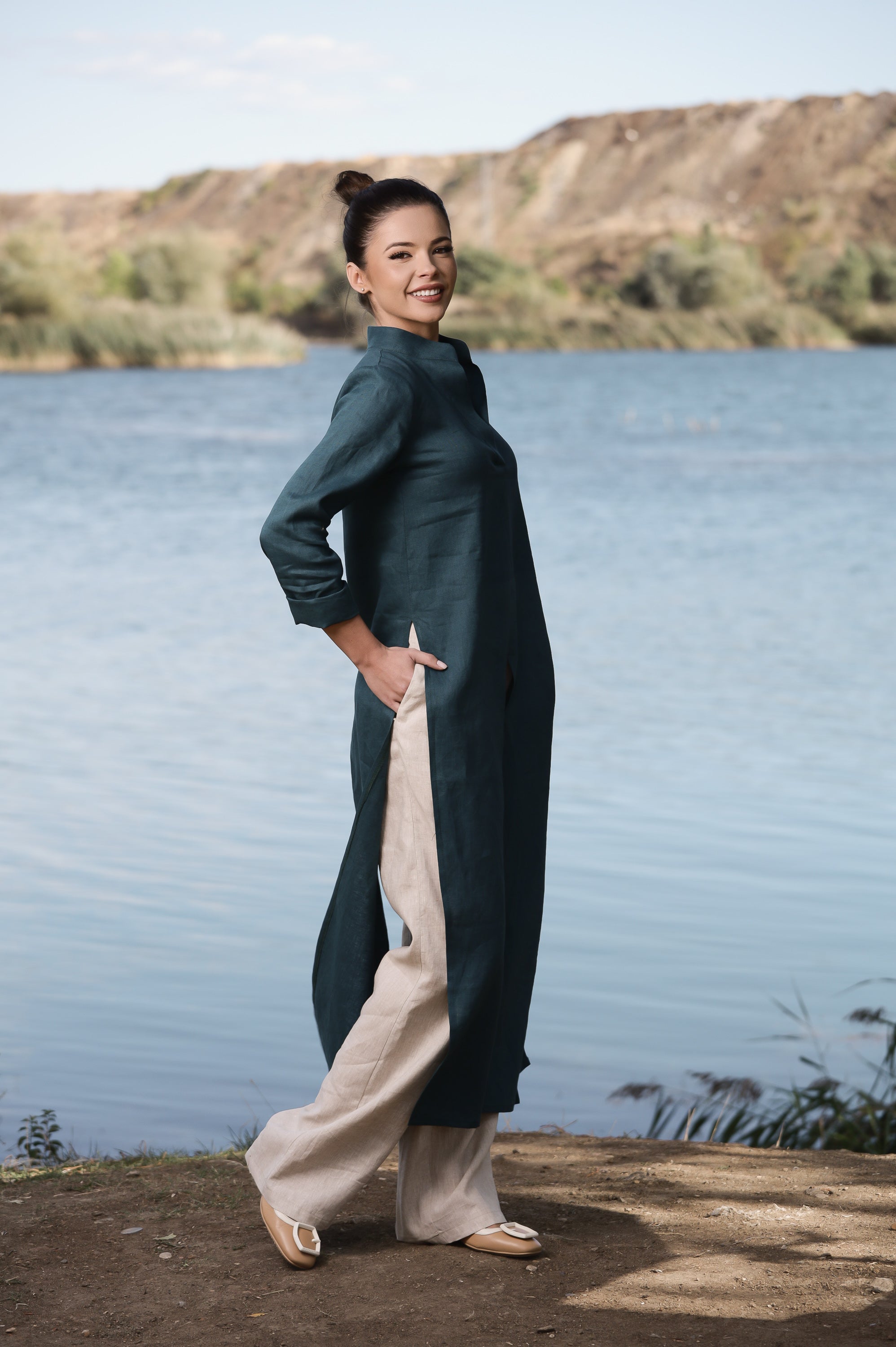 Deep Teal Linen Duster Dress – Long Layering Piece with Side Slits