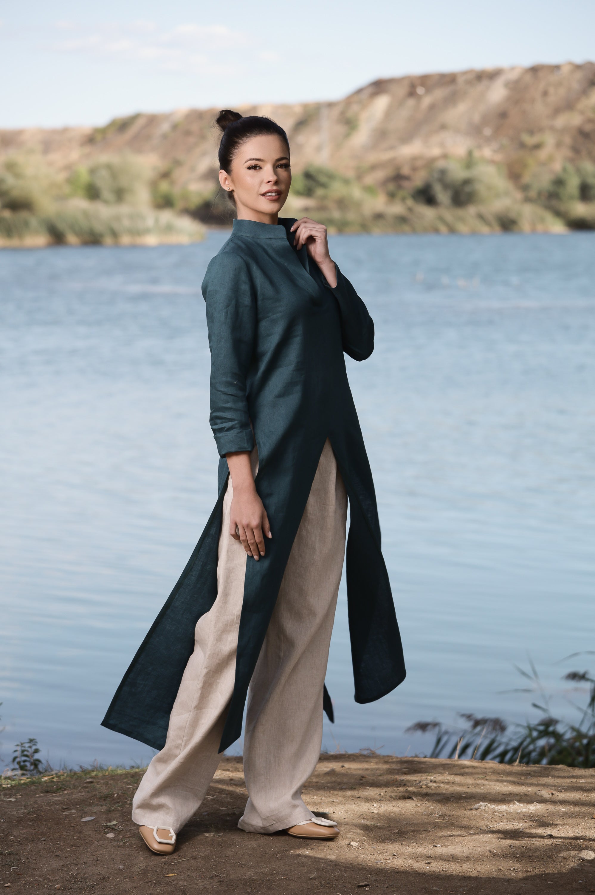 Deep Teal Linen Duster Dress – Long Layering Piece with Side Slits