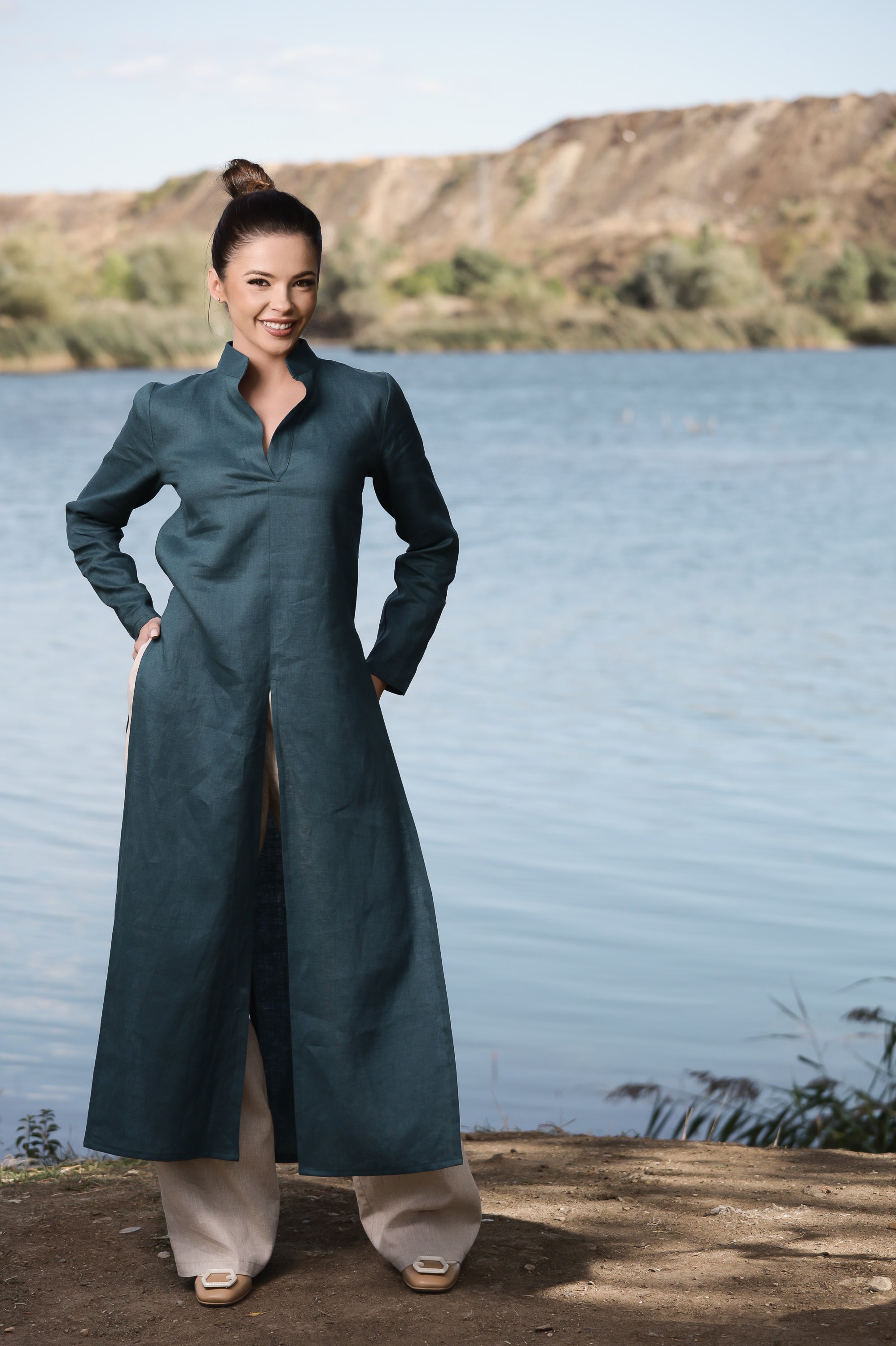 Deep Teal Linen Duster Dress – Long Layering Piece with Side Slits