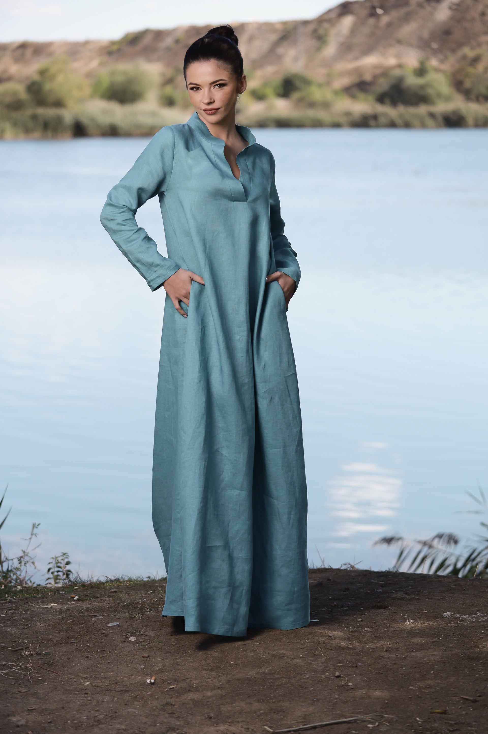 dusty blue linen dress Women's Redefining Grace Stretch Linen Maxi Dress in Dusty Blue