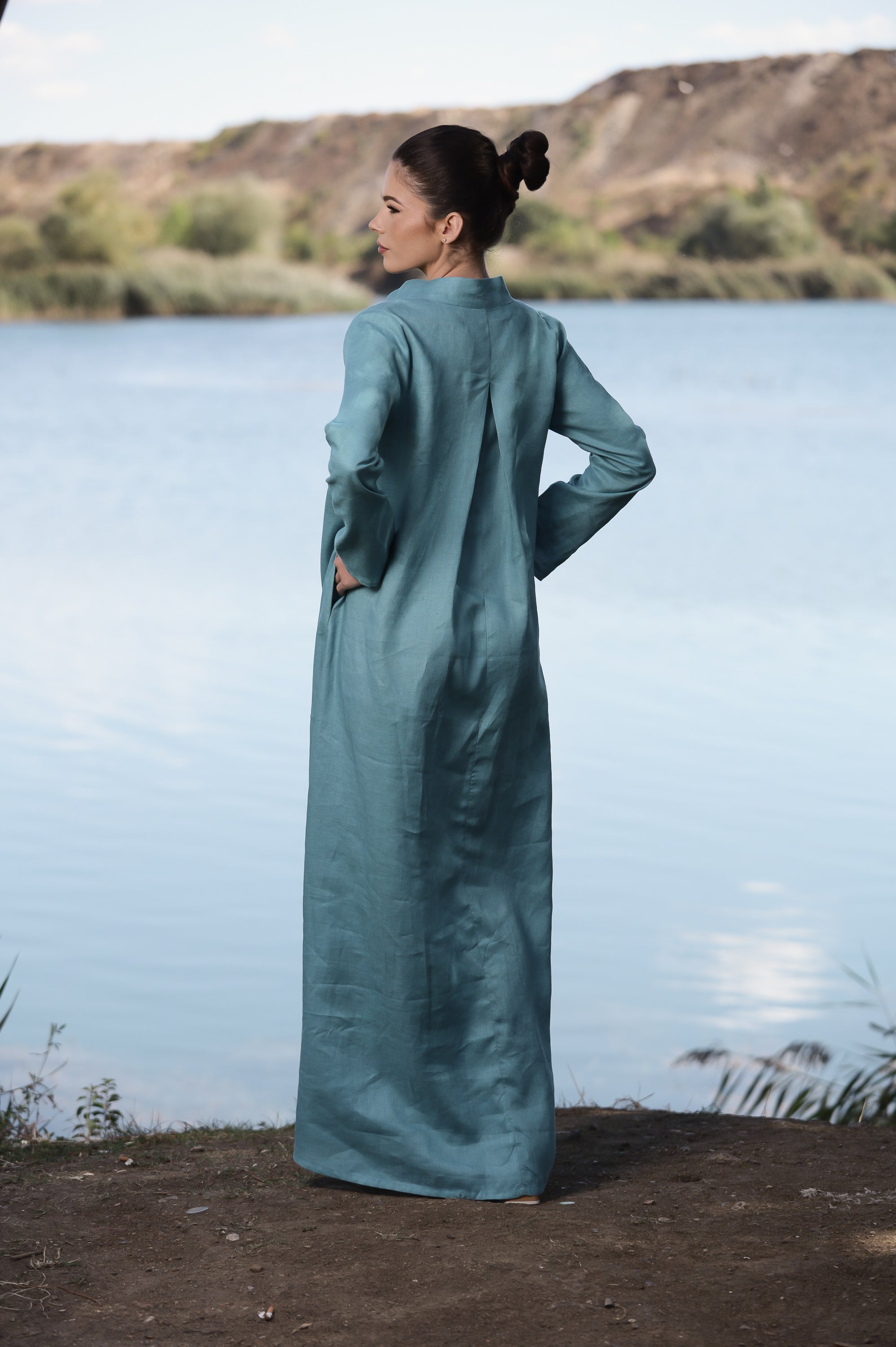 Dusty Blue Linen Maxi Dress – Long Sleeve Relaxed Fit Dress with Split Neck