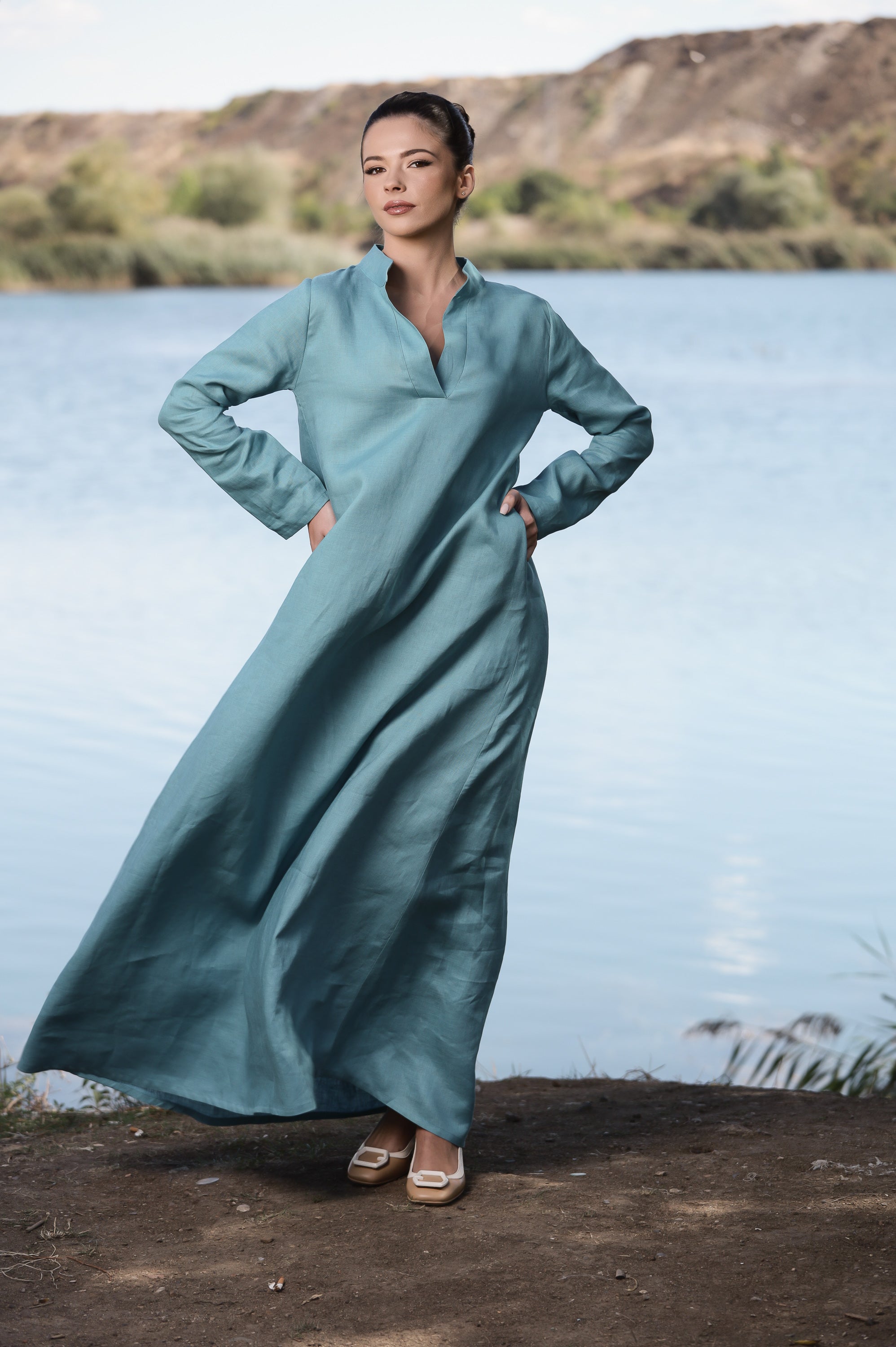 Dusty Blue Linen Maxi Dress – Long Sleeve Relaxed Fit Dress with Split Neck