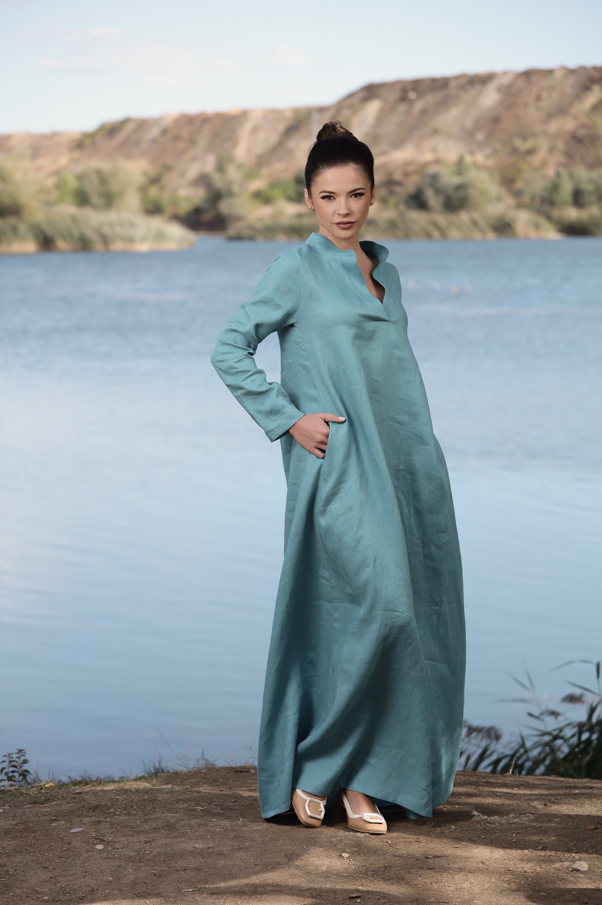 Dusty Blue Linen Maxi Dress – Long Sleeve Relaxed Fit Dress with Split Neck