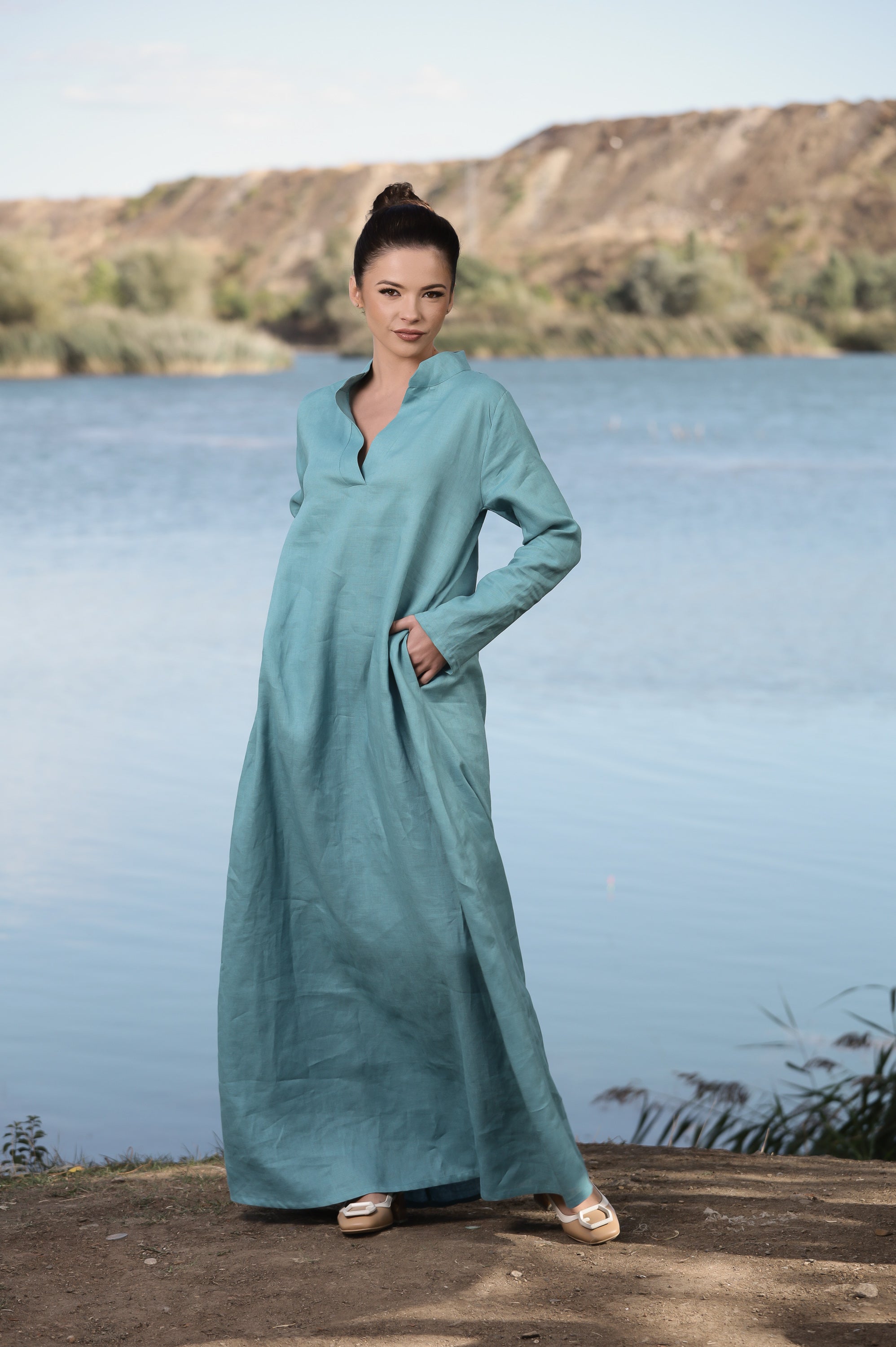 Dusty Blue Linen Maxi Dress – Long Sleeve Relaxed Fit Dress with Split Neck