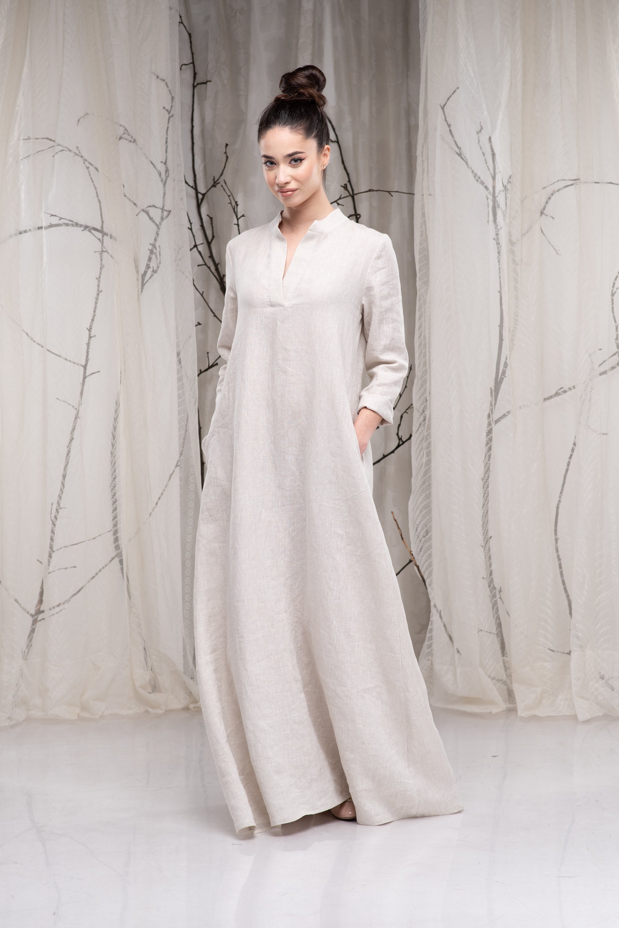 Dusty Blue Linen Maxi Dress – Long Sleeve Relaxed Fit Dress with Split Neck