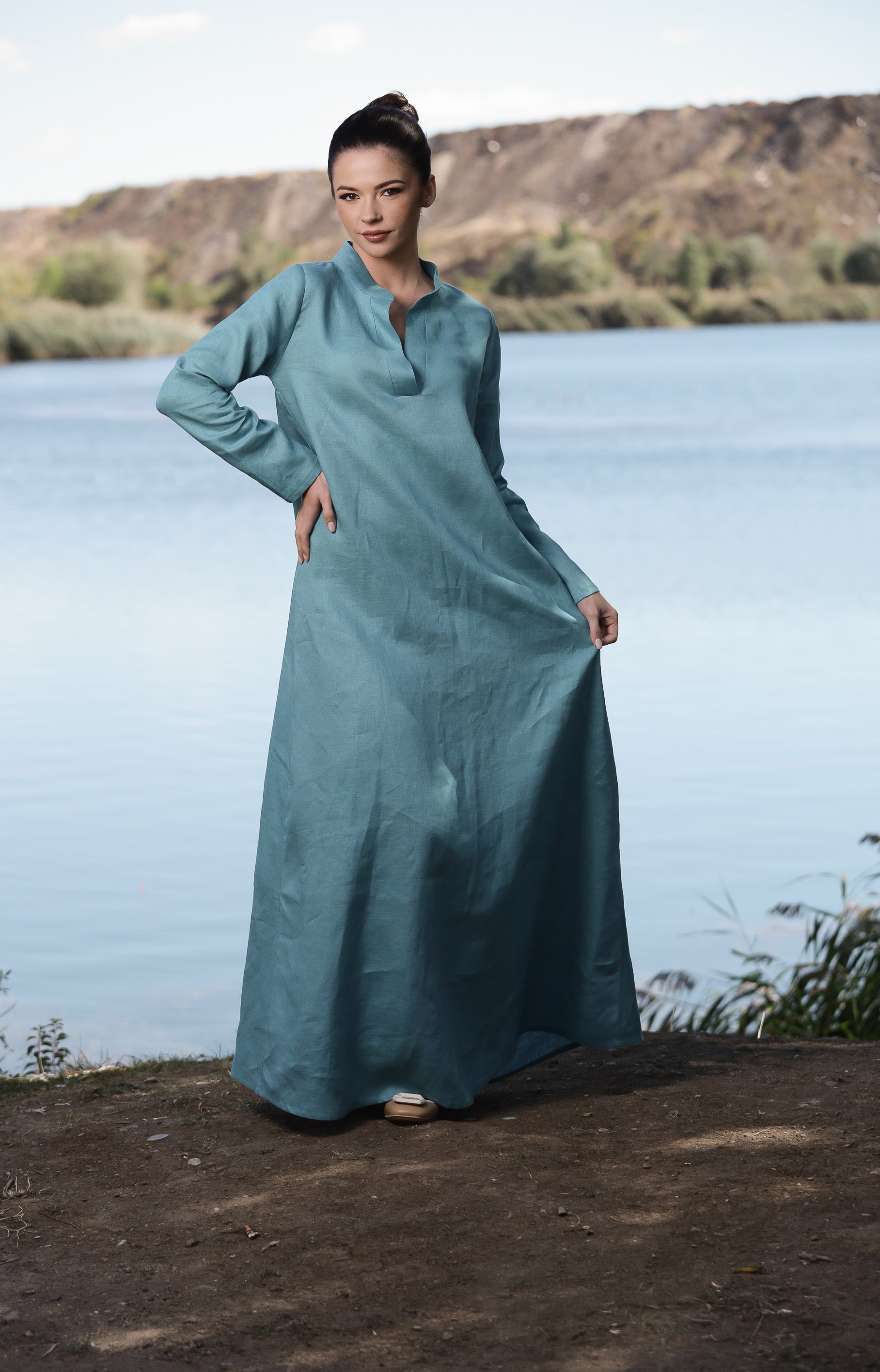 Dusty Blue Linen Maxi Dress – Long Sleeve Relaxed Fit Dress with Split Neck