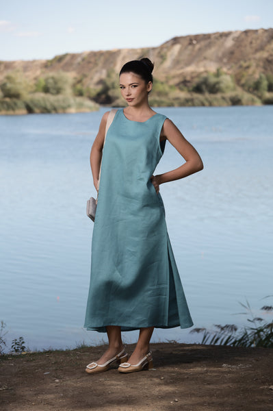 dusty blue summer dress Dusty Blue Linen Midi Dress – Sleeveless Everyday Summer Dress