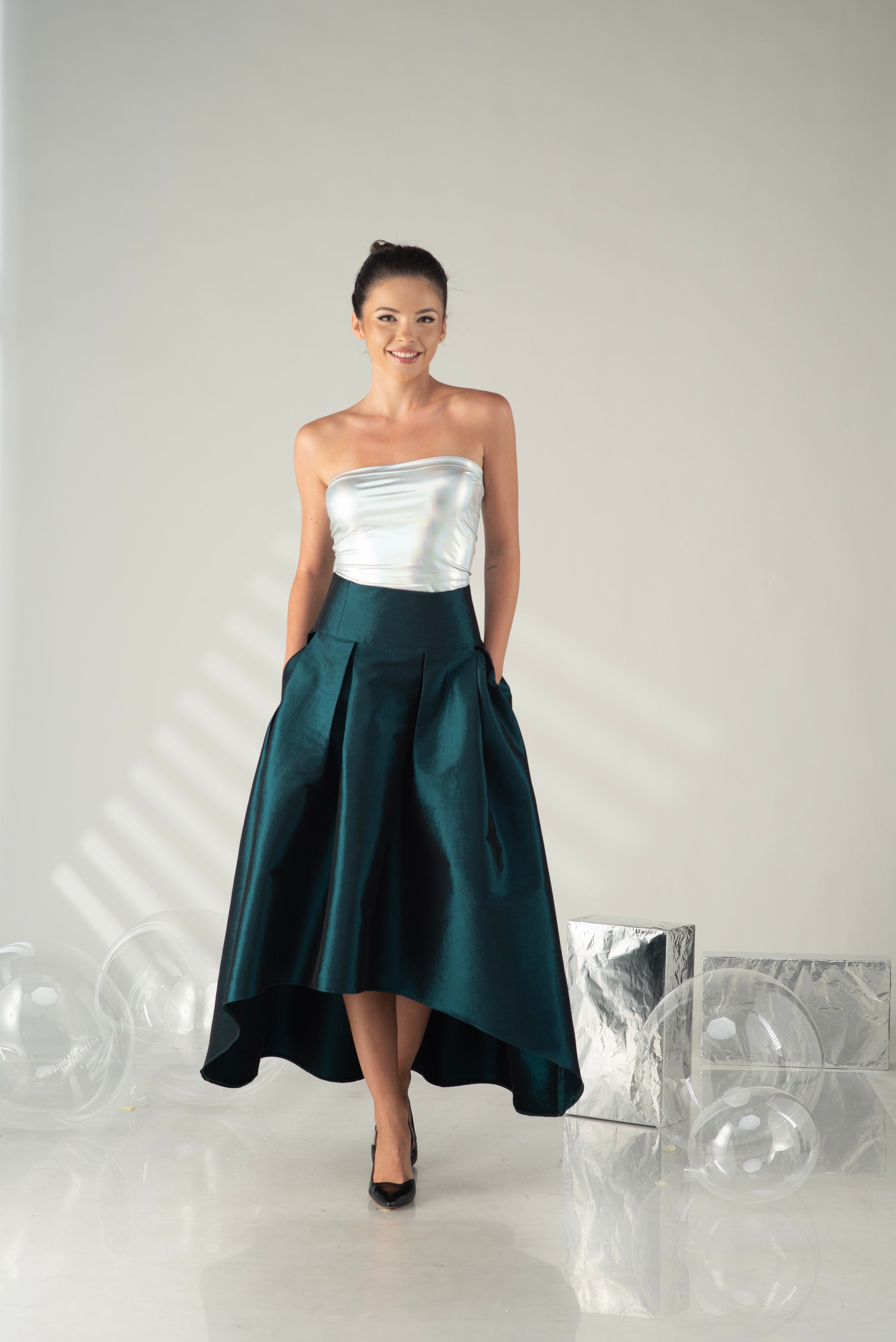 Emerald Taffeta High Low Skirt – Formal Evening Skirt with Pockets