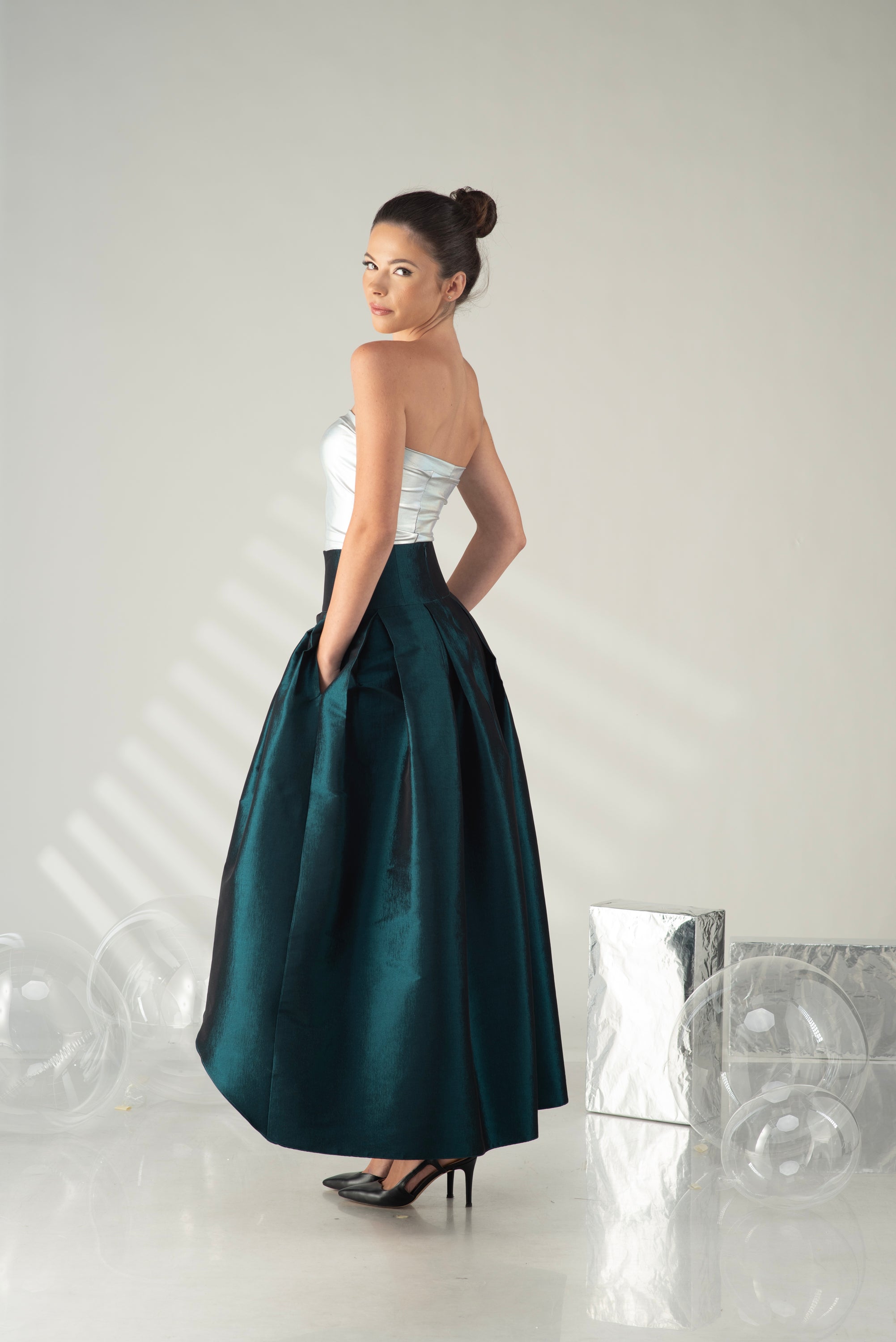 Emerald Taffeta High Low Skirt – Formal Evening Skirt with Pockets