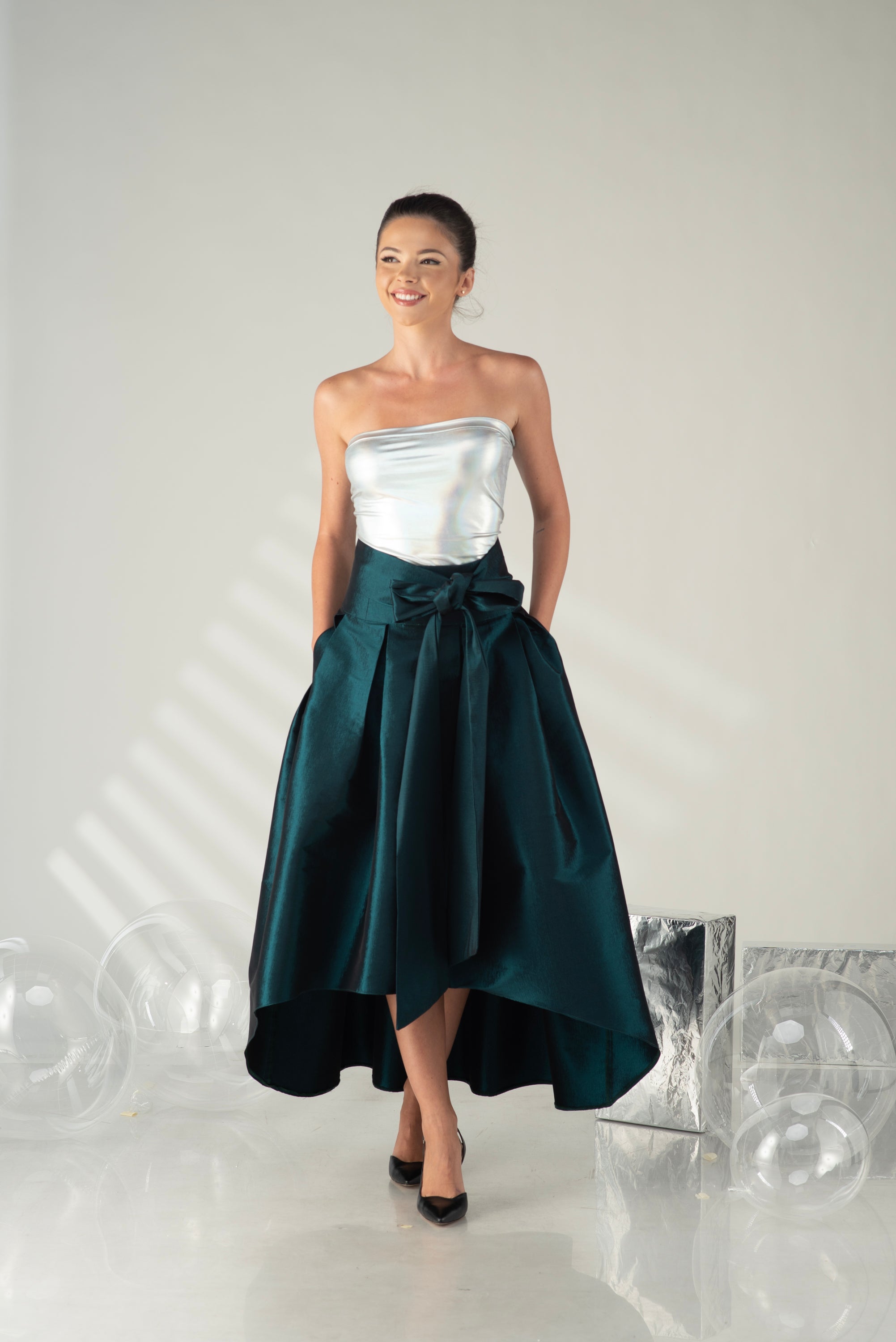 Emerald Taffeta High Low Skirt – Formal Evening Skirt with Pockets