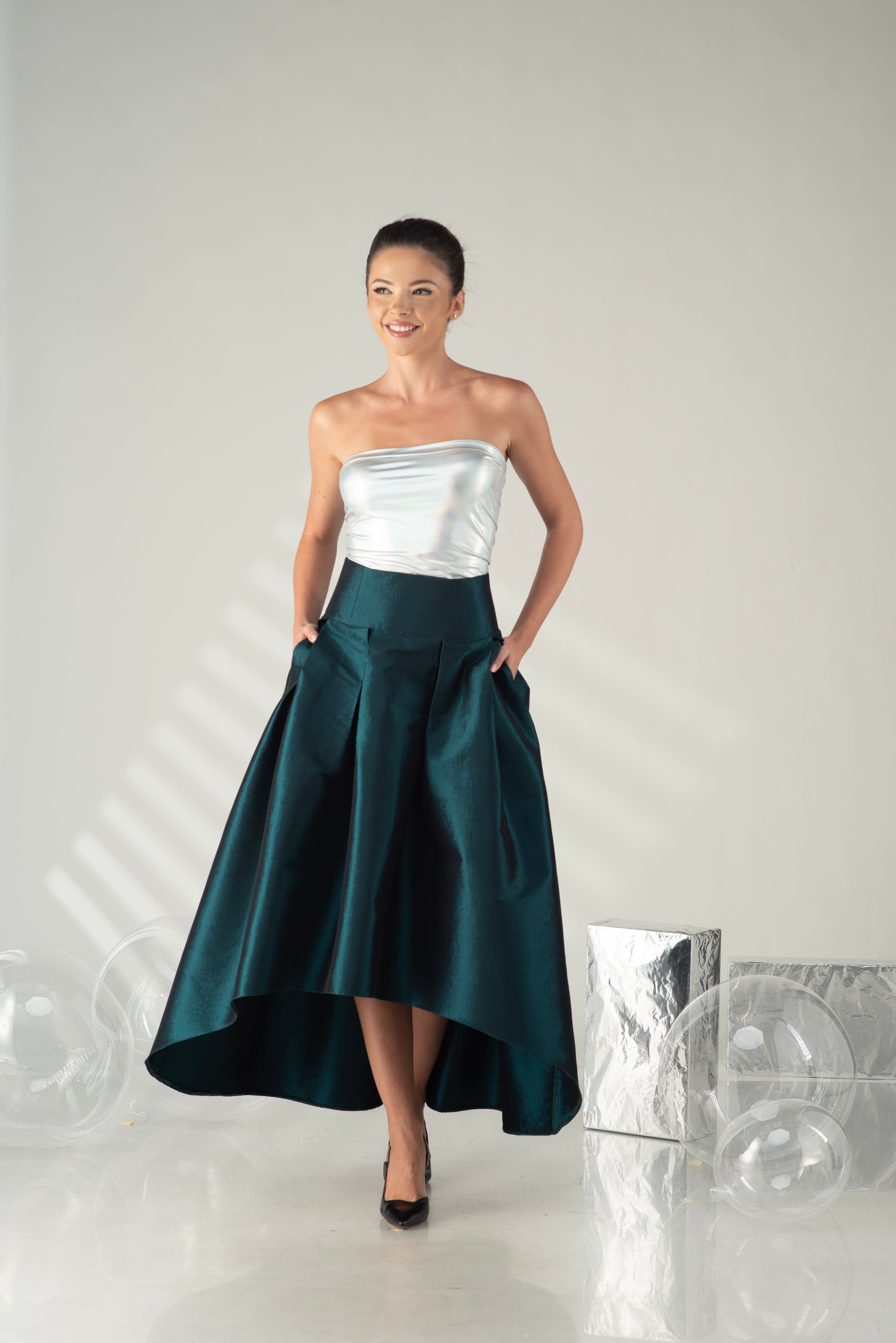 Emerald Taffeta High Low Skirt – Formal Evening Skirt with Pockets