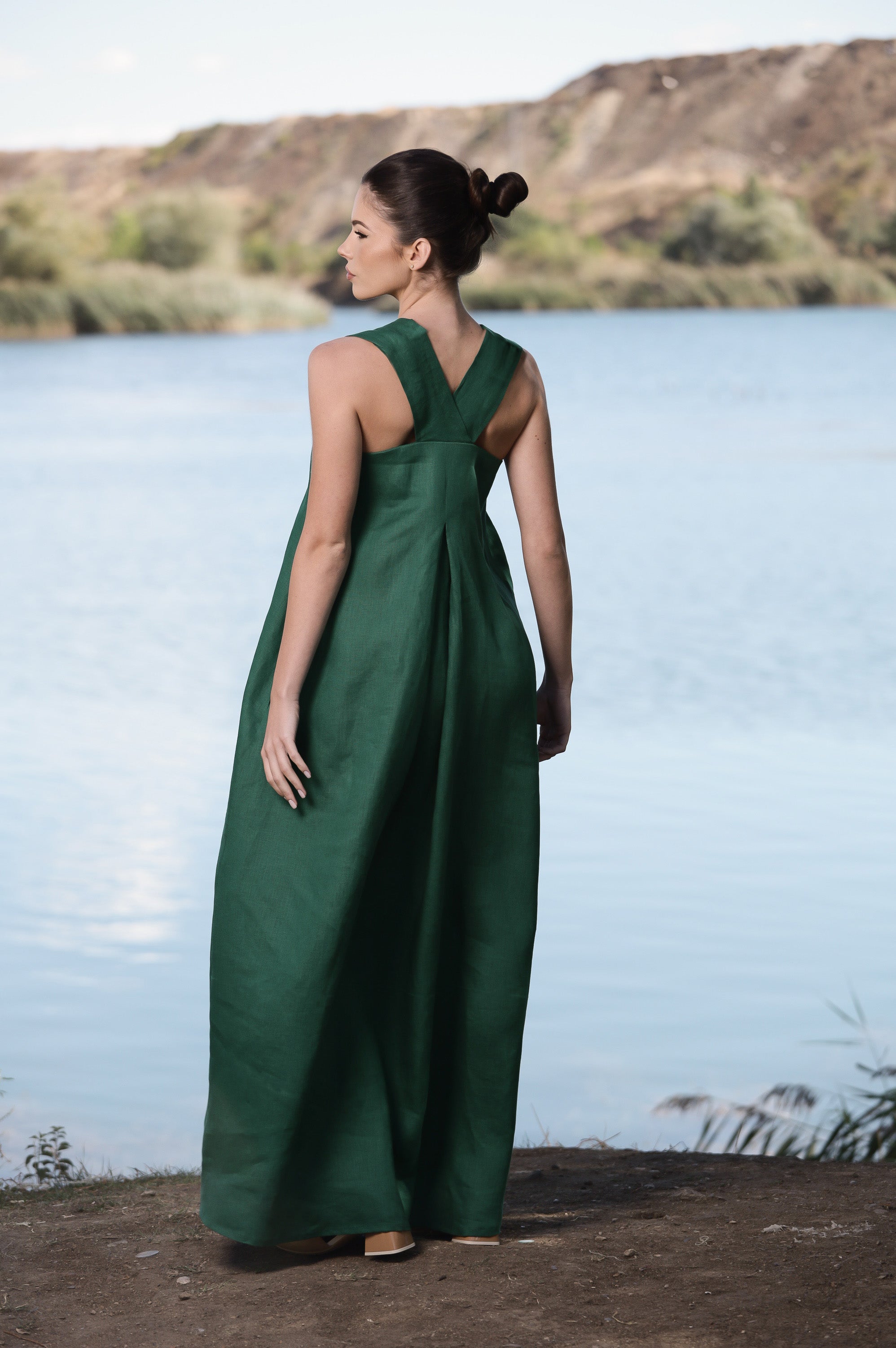 Forest Green Linen Sundress – Relaxed Maxi Dress with Cross Back Detail