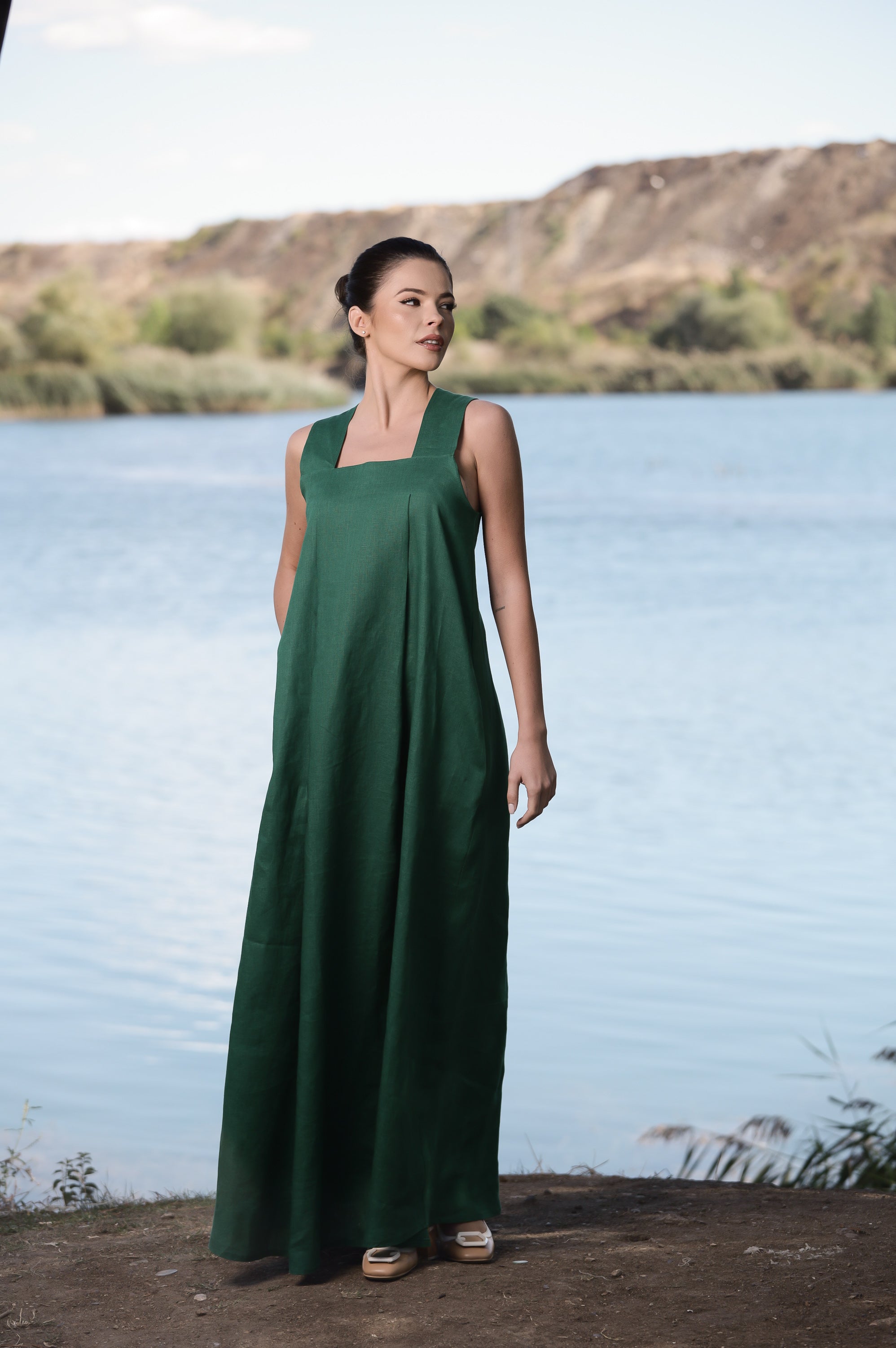 Forest Green Linen Sundress – Relaxed Maxi Dress with Cross Back Detail