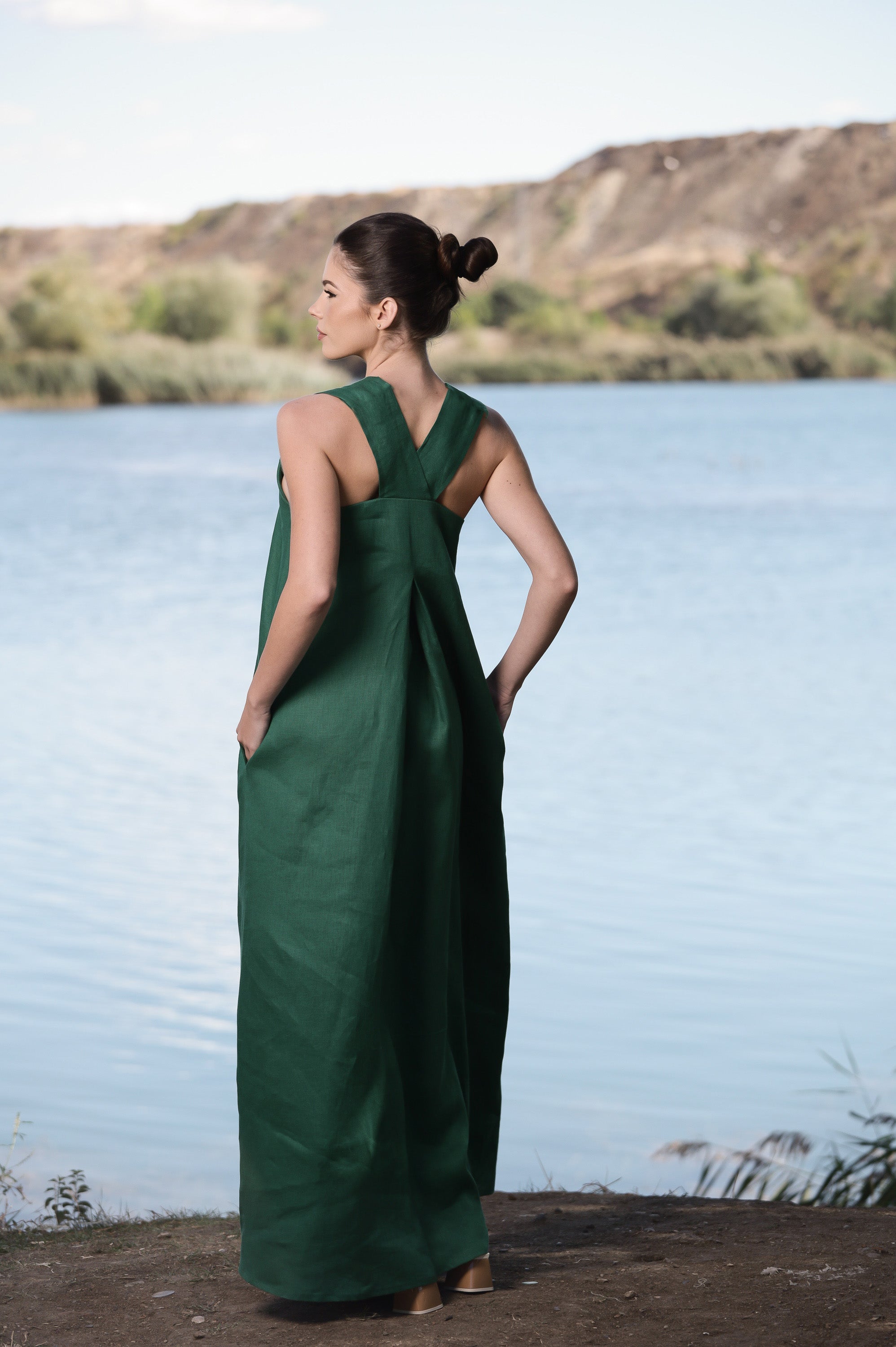 Forest Green Linen Sundress – Relaxed Maxi Dress with Cross Back Detail