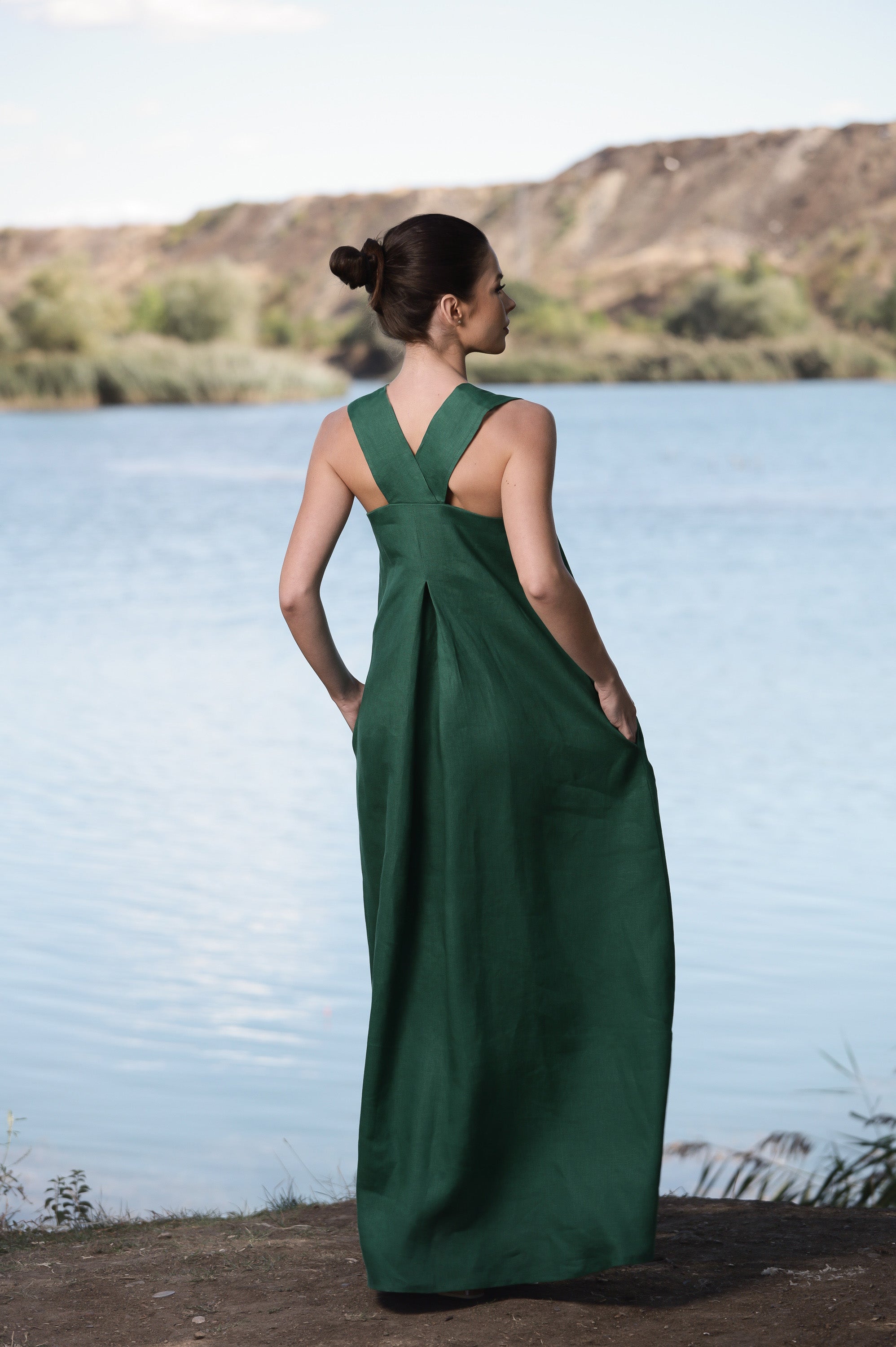 Forest Green Linen Sundress – Relaxed Maxi Dress with Cross Back Detail