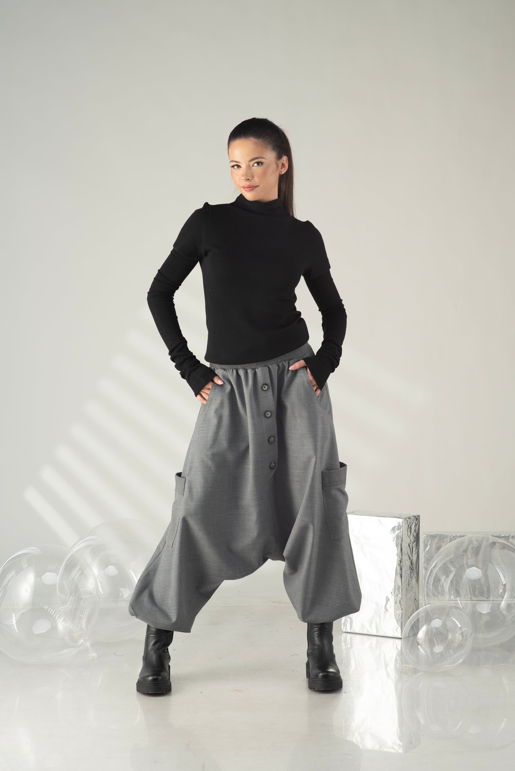 Gray Harem Pants – Oversized Drop Crotch Pants with Pockets