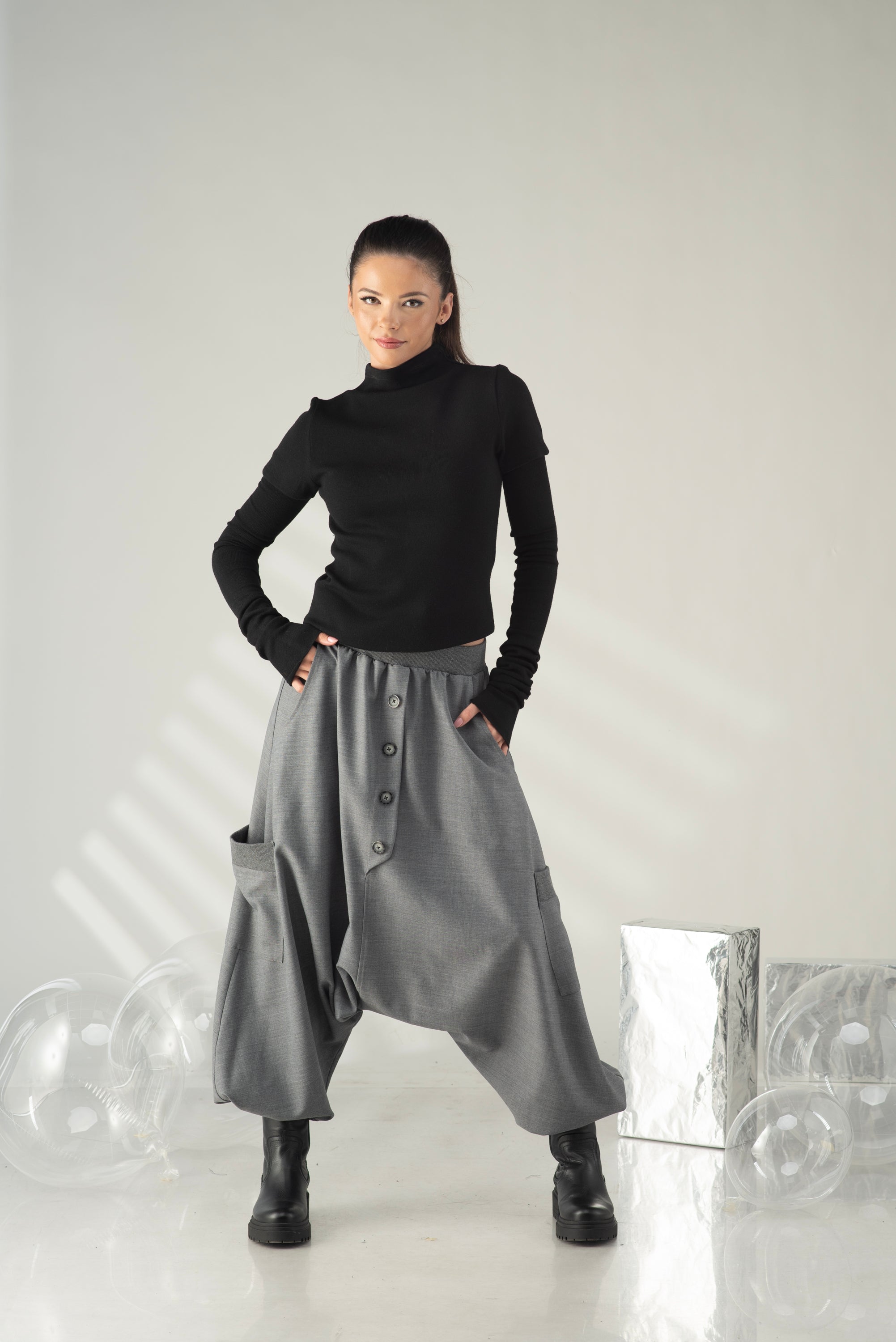 Gray Harem Pants – Oversized Drop Crotch Pants with Pockets