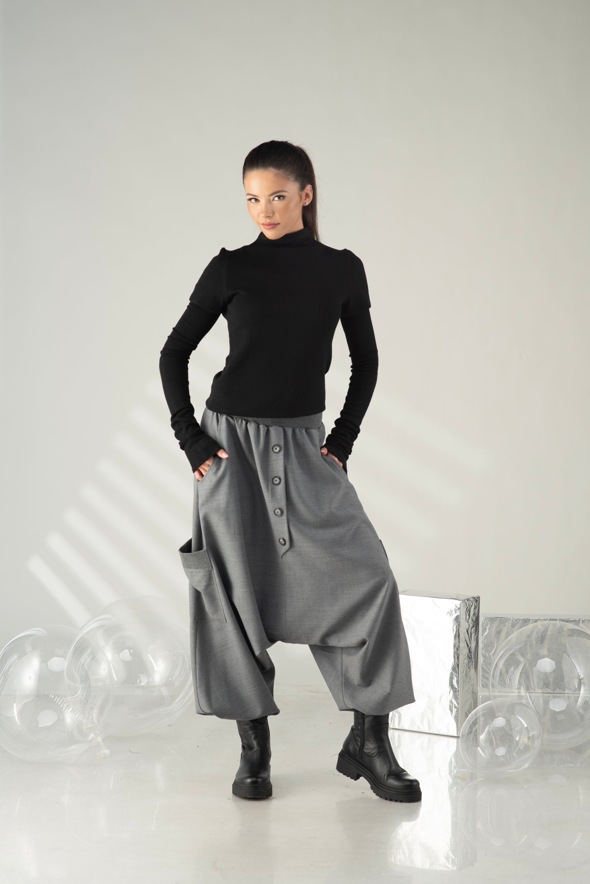 Gray Harem Pants – Oversized Drop Crotch Pants with Pockets