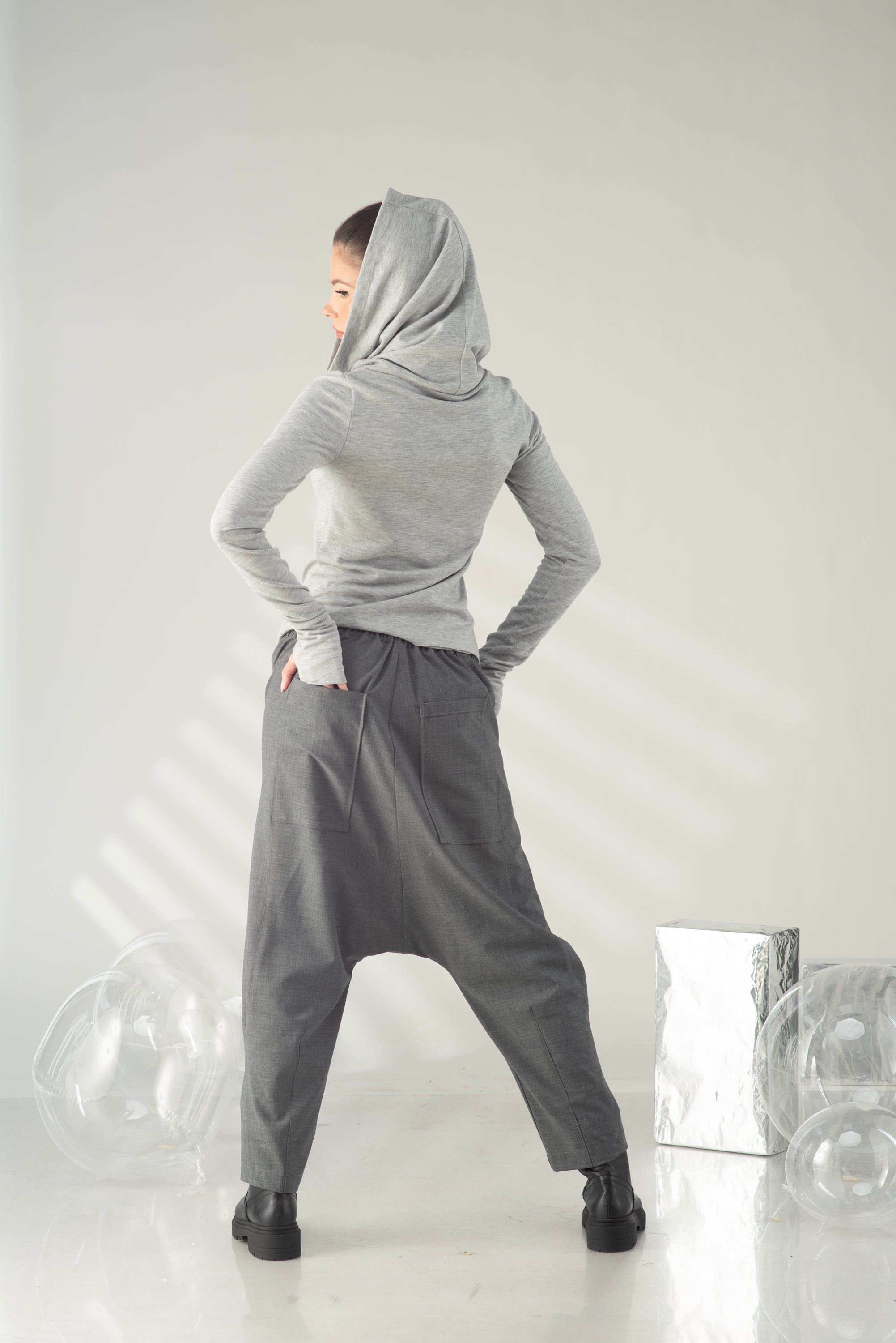 Gray Hooded Top – Minimalist Cowl Neck Blouse