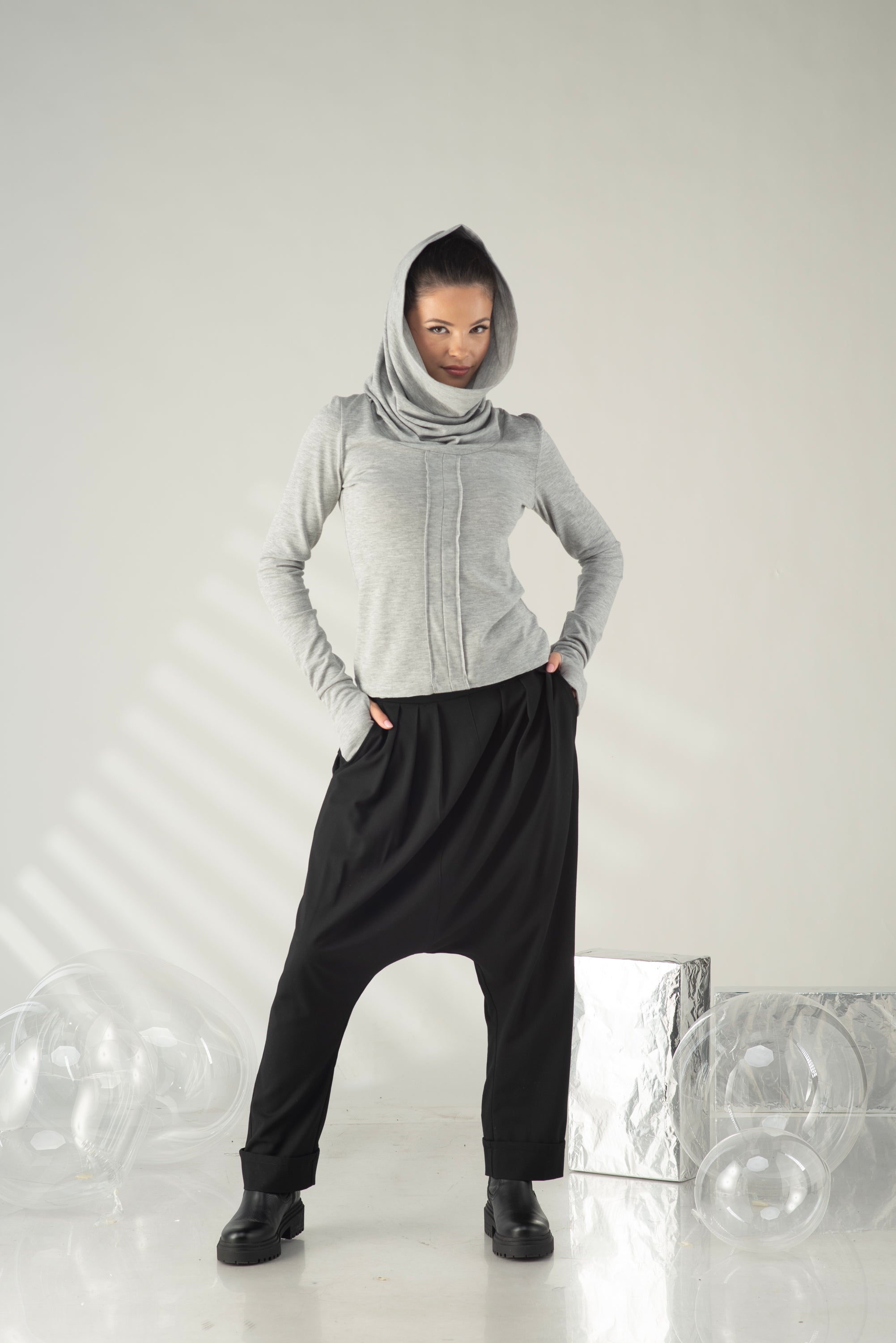 Gray Hooded Top – Minimalist Cowl Neck Blouse