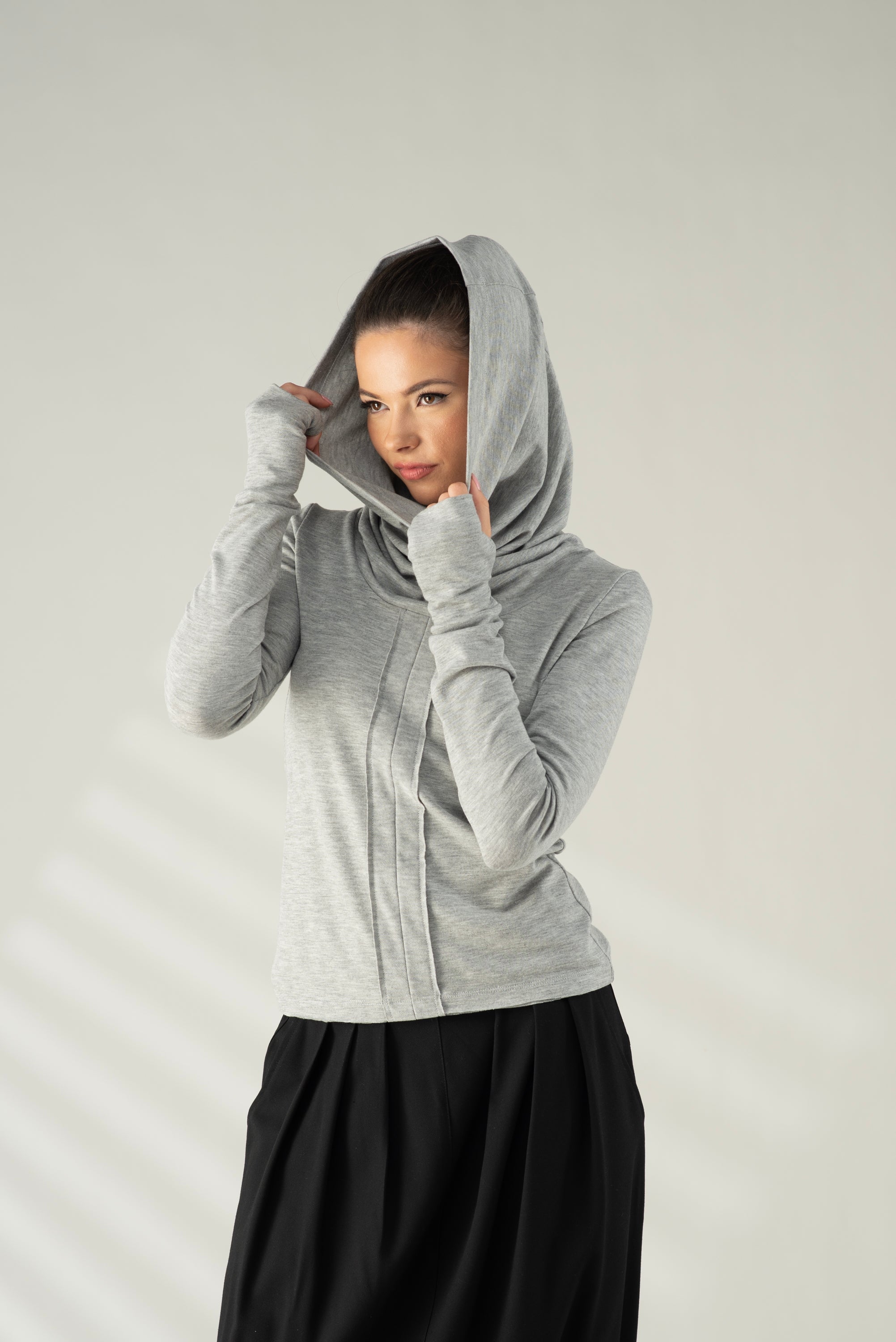 Gray Hooded Top – Minimalist Cowl Neck Blouse