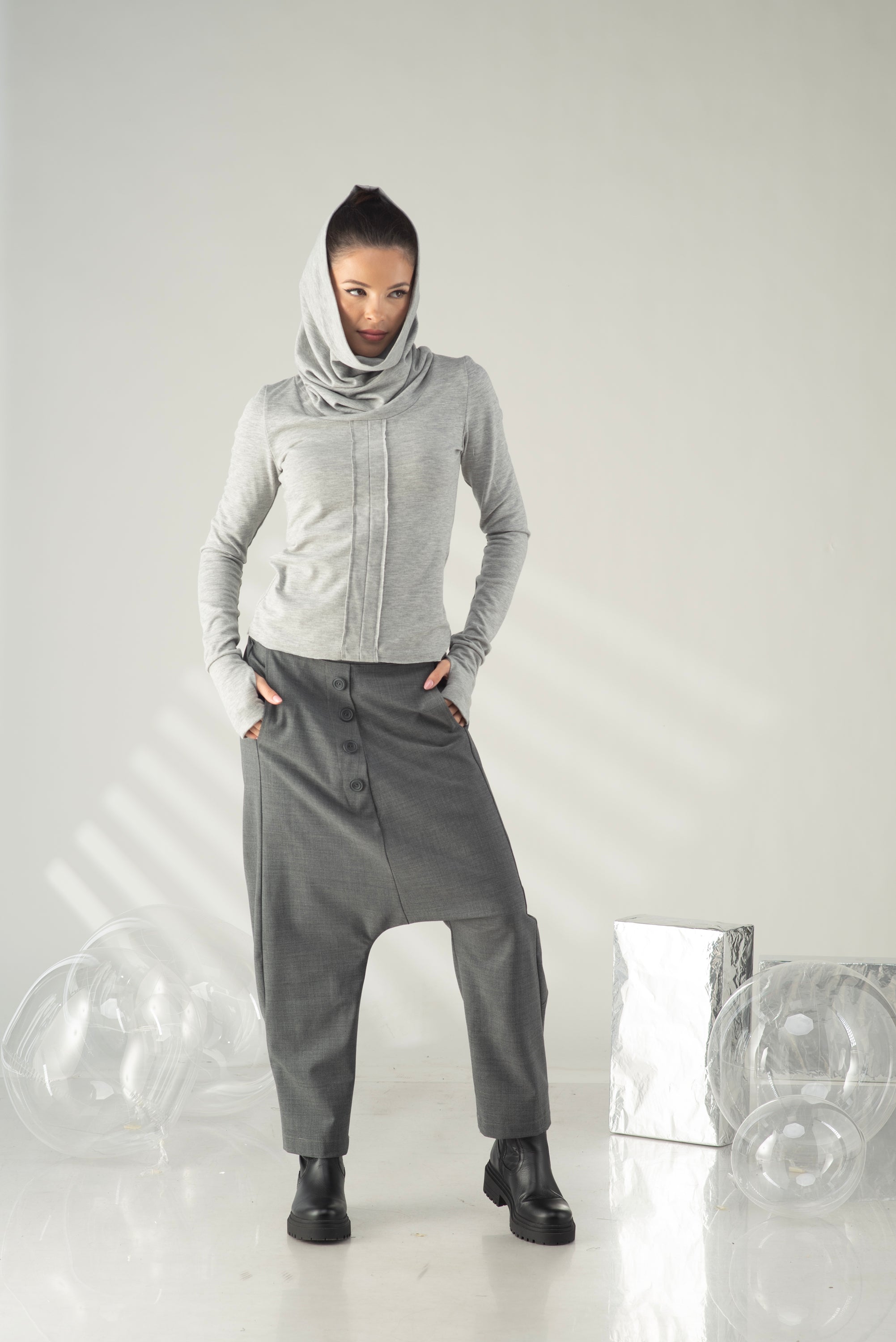 Gray Hooded Top – Minimalist Cowl Neck Blouse