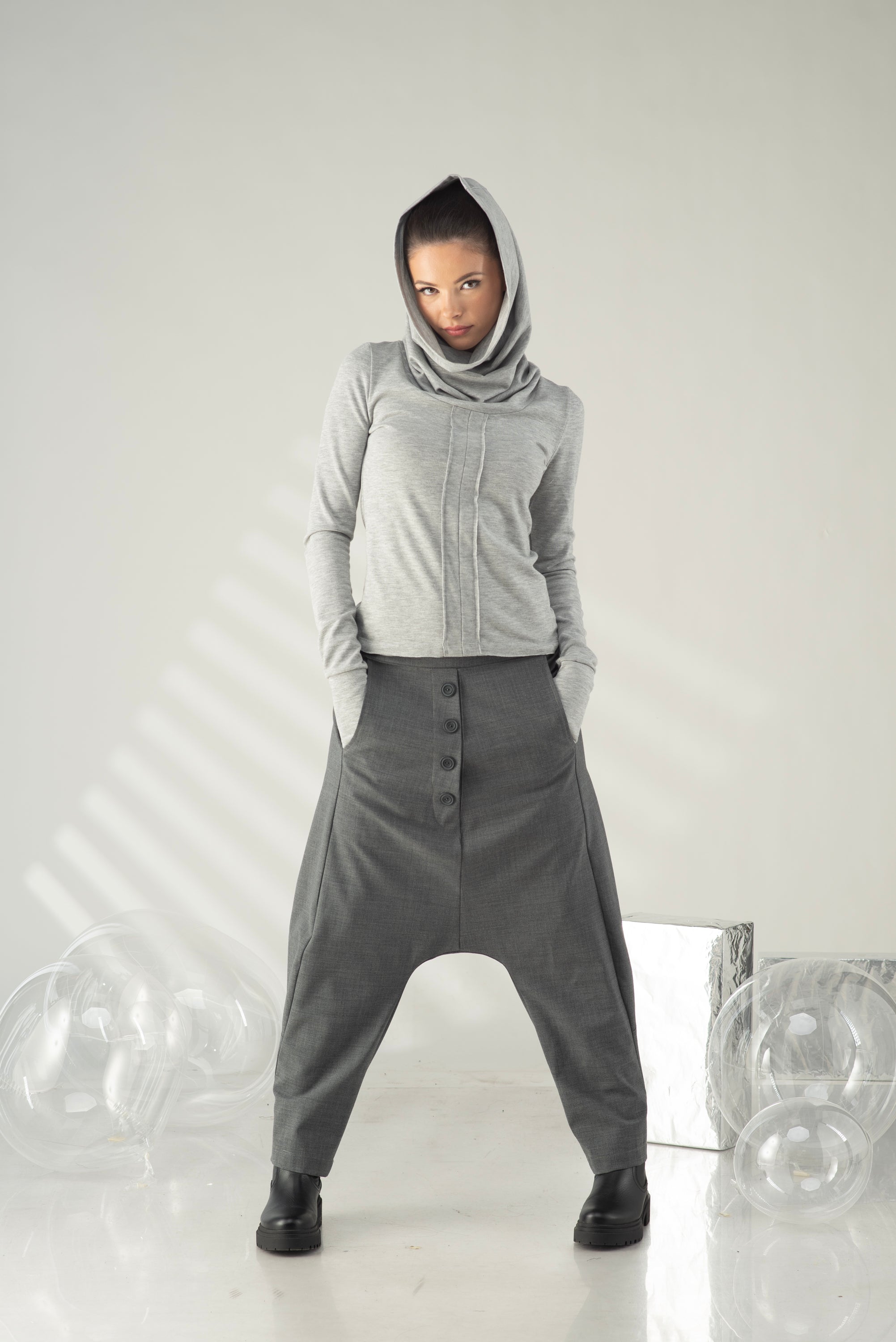 Gray Hooded Top – Minimalist Cowl Neck Blouse