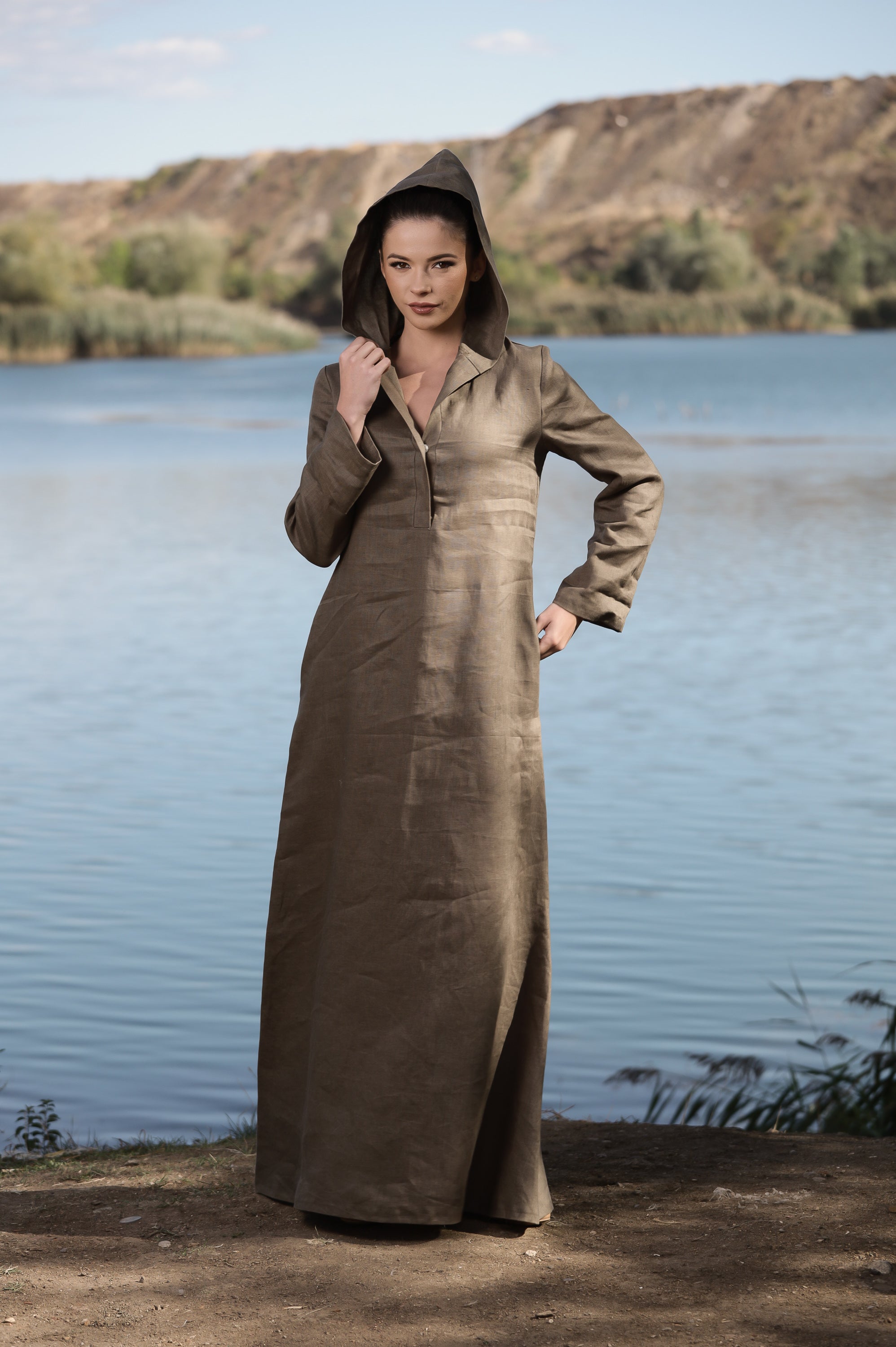 Hooded Linen Maxi Dress – Oversized Brown Linen Dress