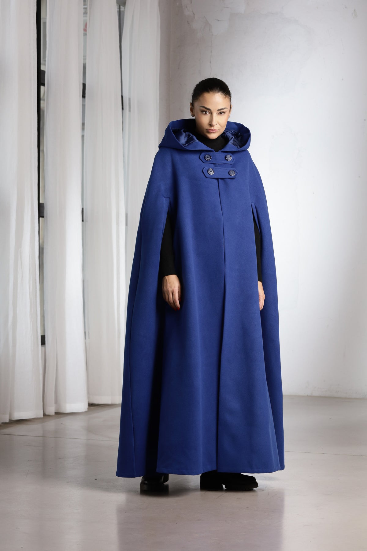 Hooded Wool Cape Coat – Long Royal Blue Winter Cape with Button Closure