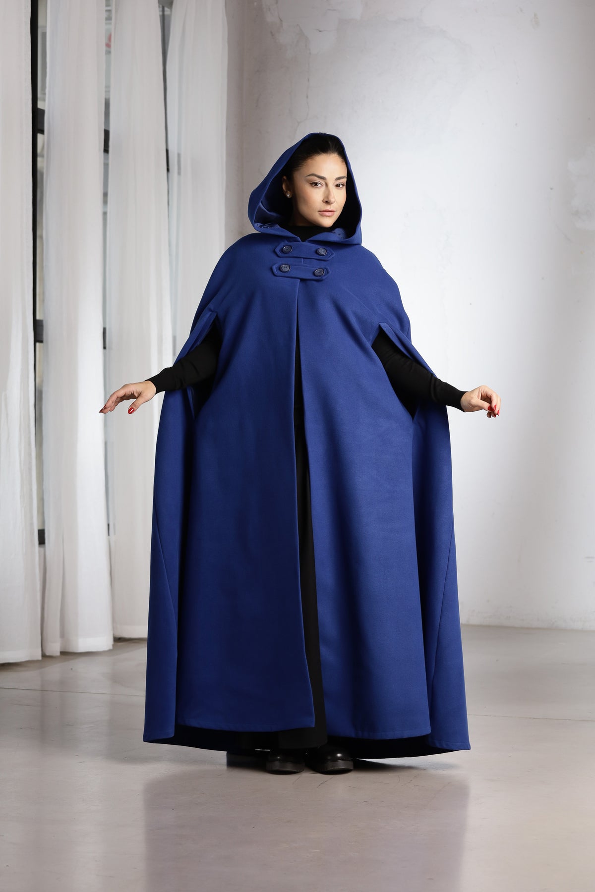 Hooded Wool Cape Coat – Long Royal Blue Winter Cape with Button Closure
