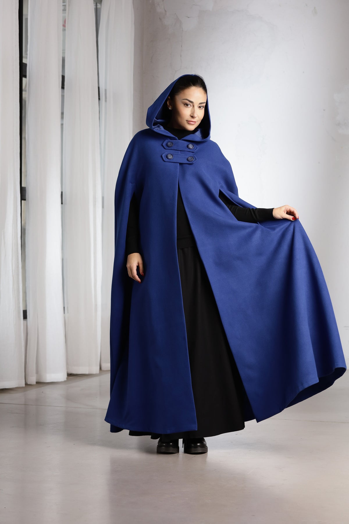 Hooded Wool Cape Coat – Long Royal Blue Winter Cape with Button Closure