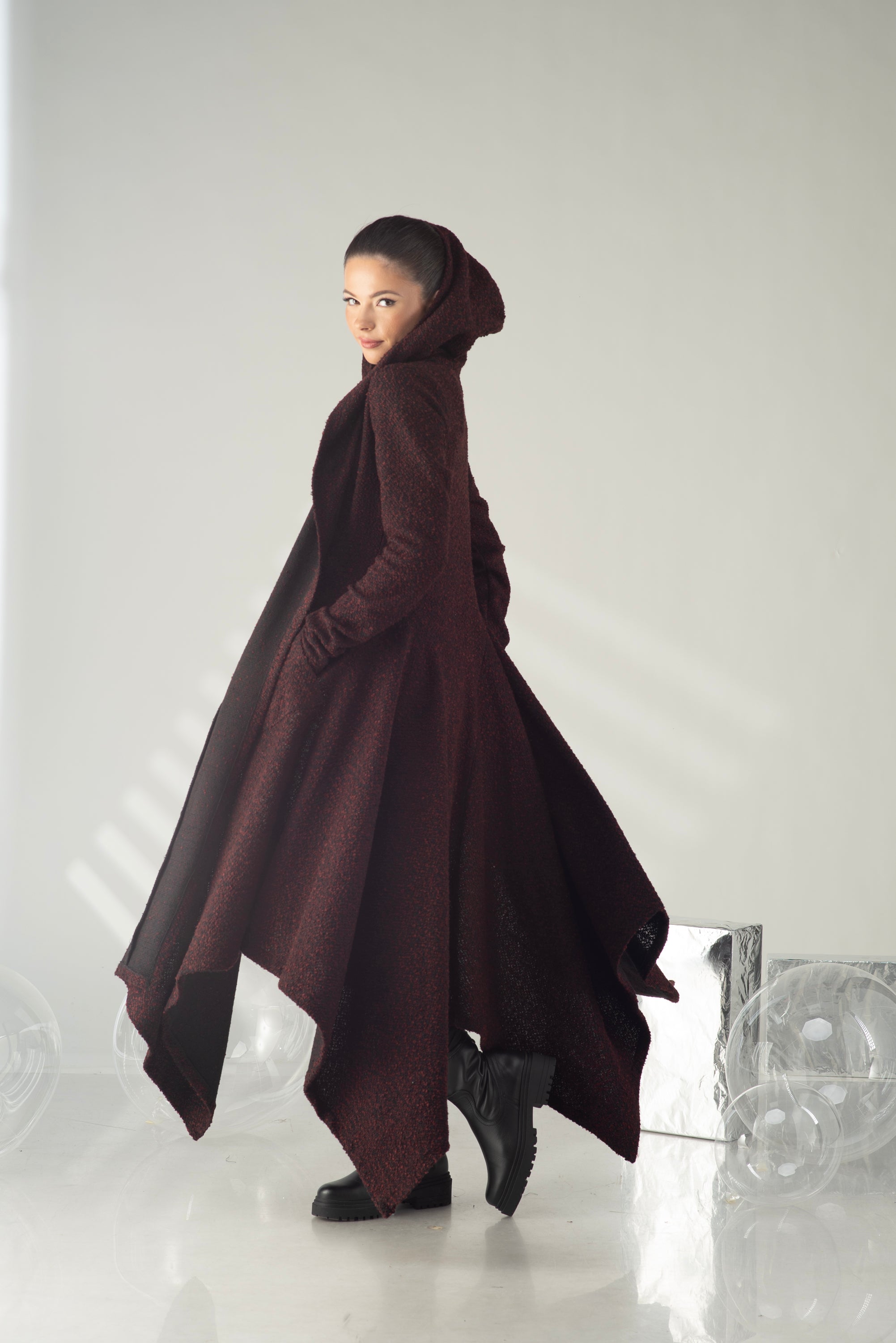 Hooded Wool Coat – Dramatic Asymmetrical Designer Outerwear