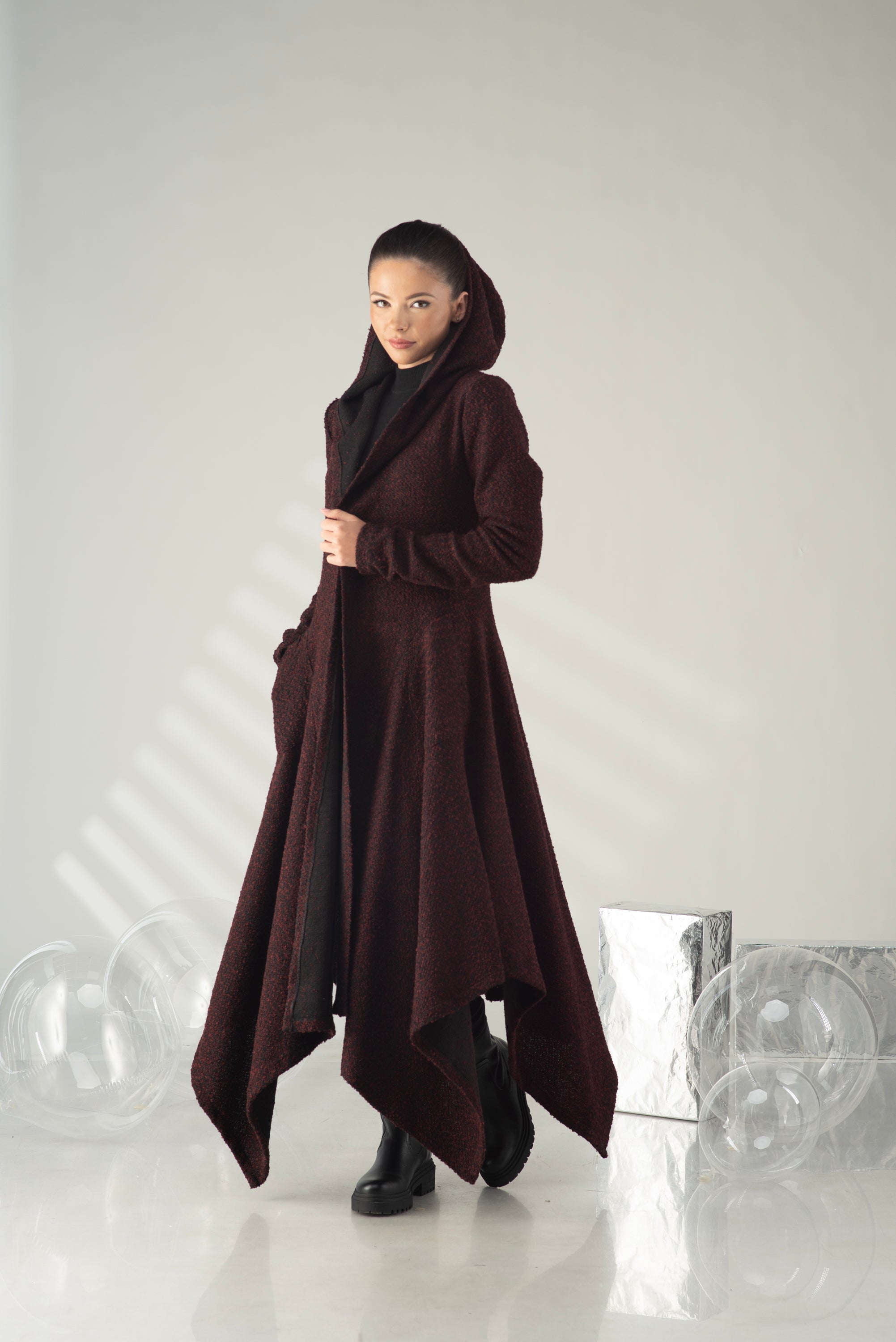 Hooded Wool Coat – Dramatic Asymmetrical Designer Outerwear