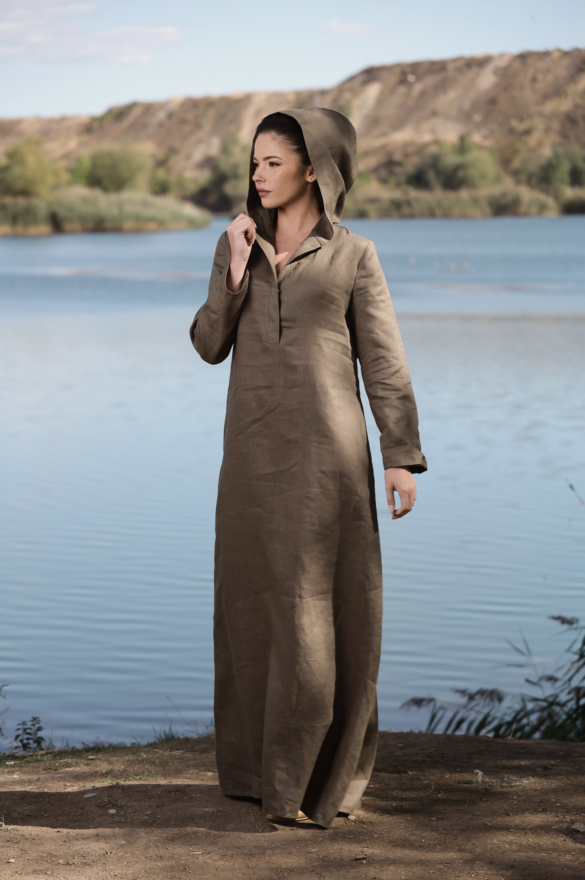 Hooded Linen Maxi Dress – Oversized Brown Linen Dress