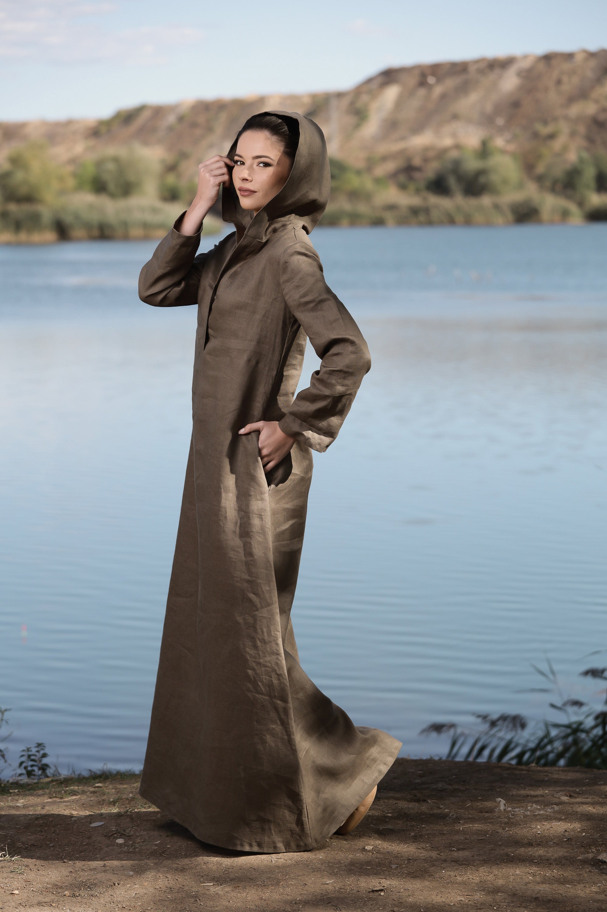 Hooded Linen Maxi Dress – Oversized Brown Linen Dress