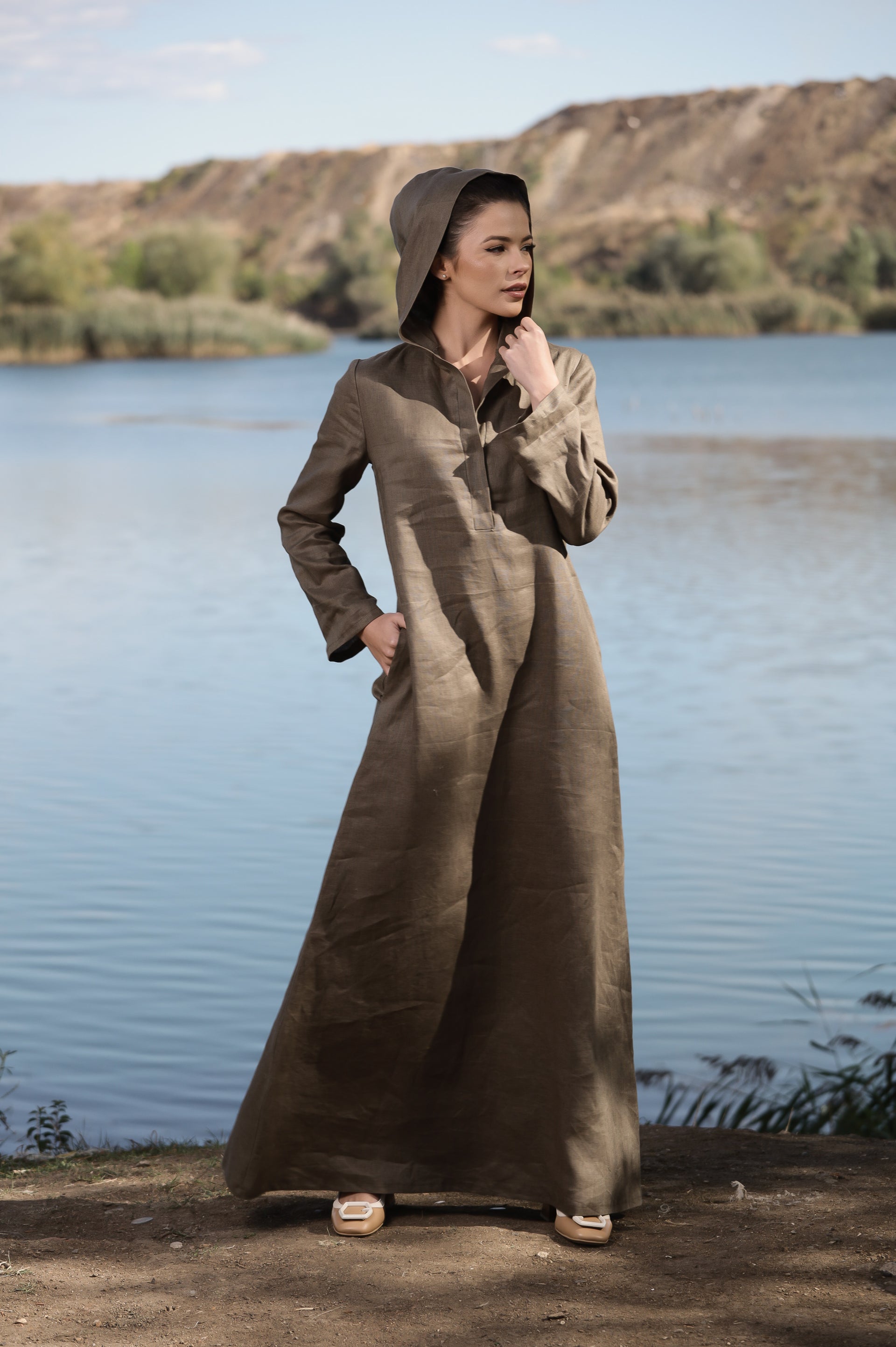 Hooded Linen Maxi Dress – Oversized Brown Linen Dress