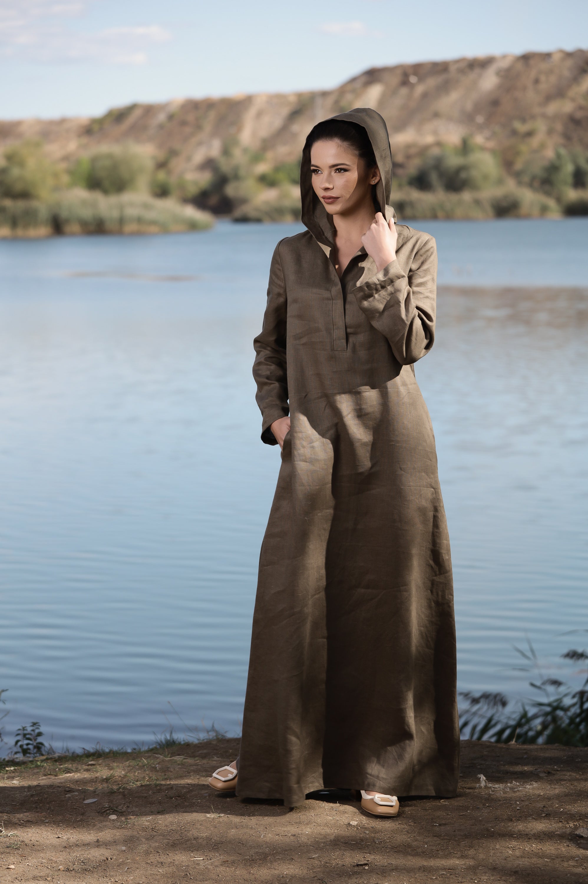 Hooded Linen Maxi Dress – Oversized Brown Linen Dress