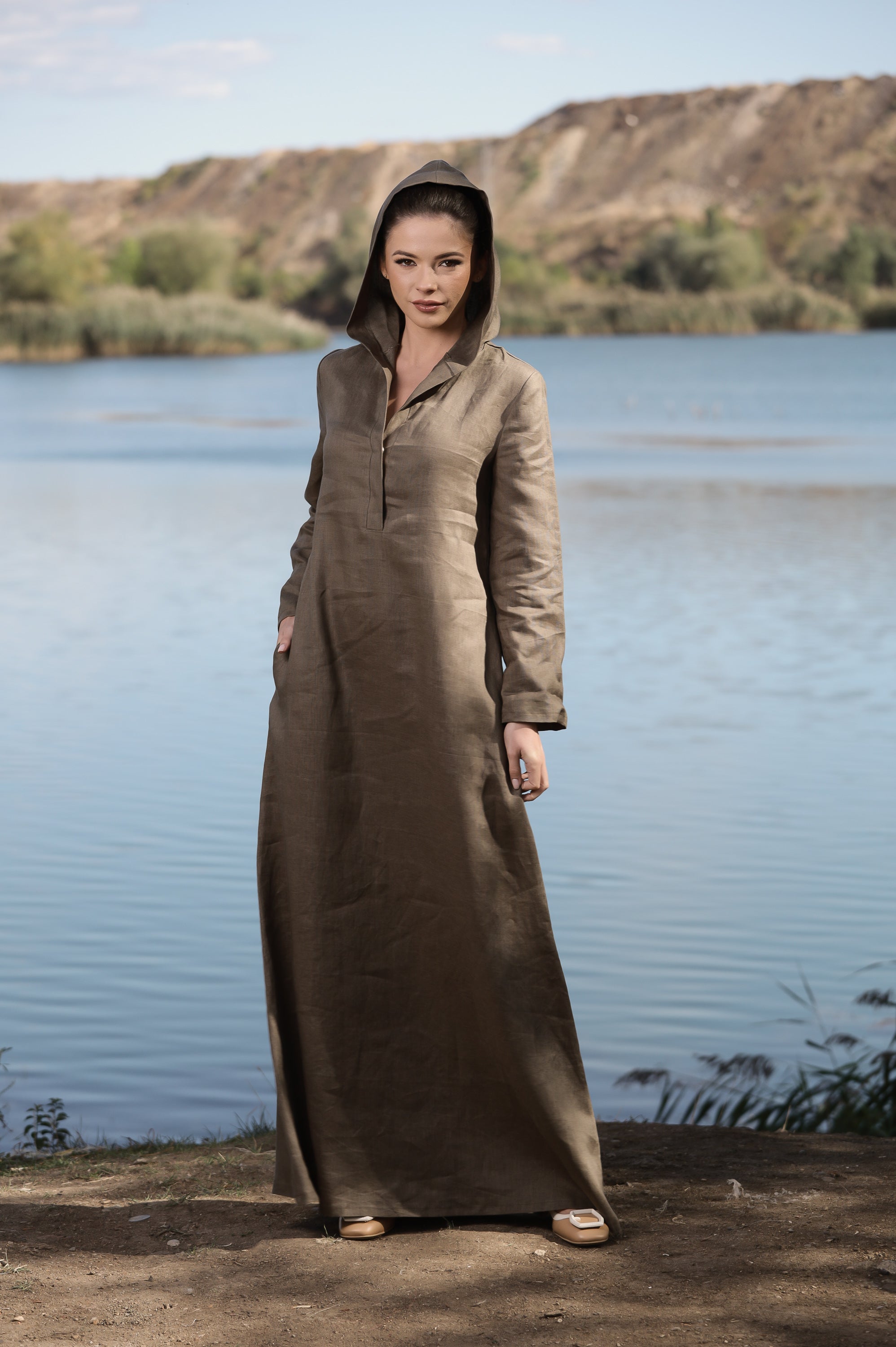 Hooded Linen Maxi Dress – Oversized Brown Linen Dress