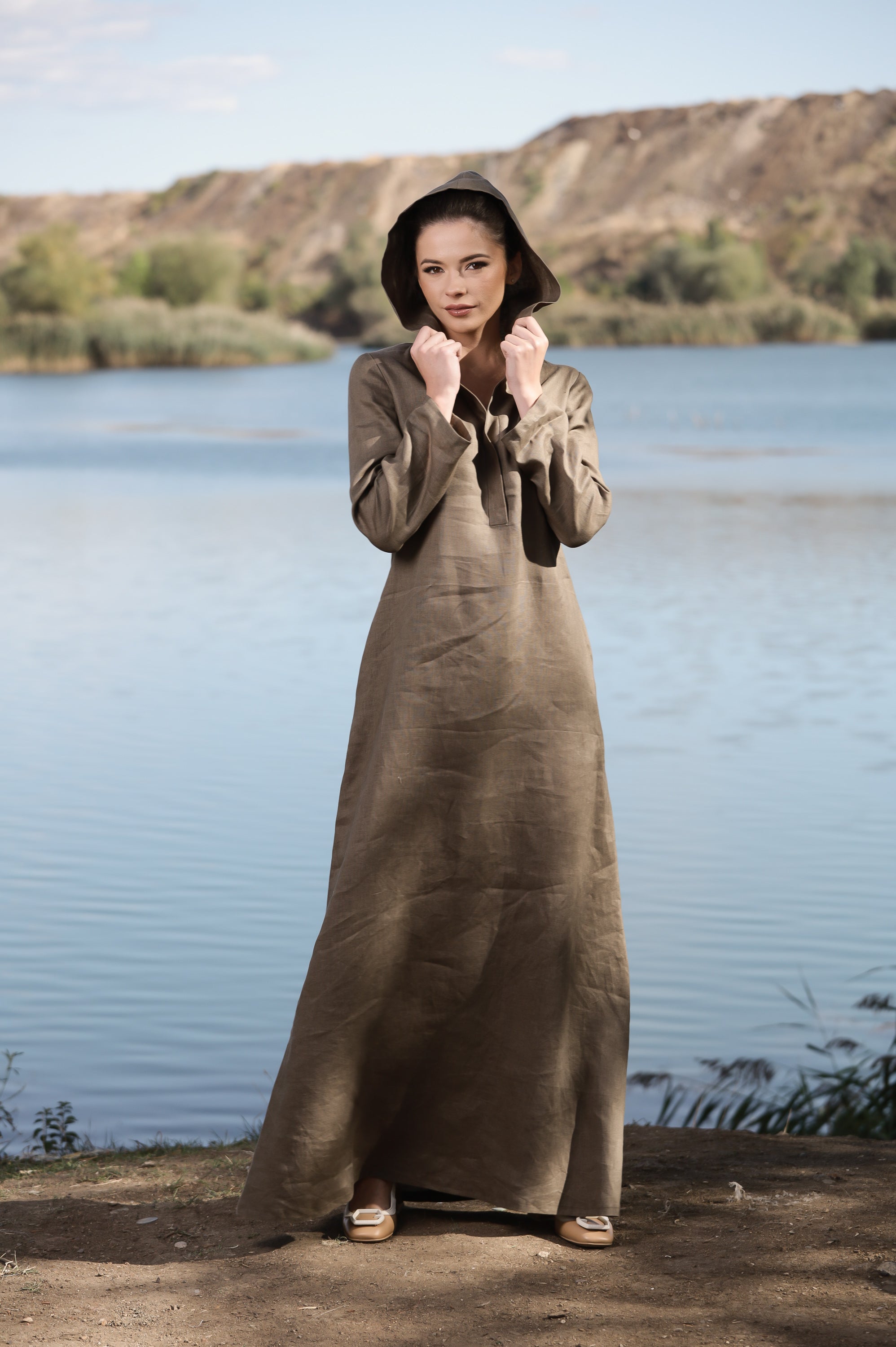 Hooded Linen Maxi Dress – Oversized Brown Linen Dress