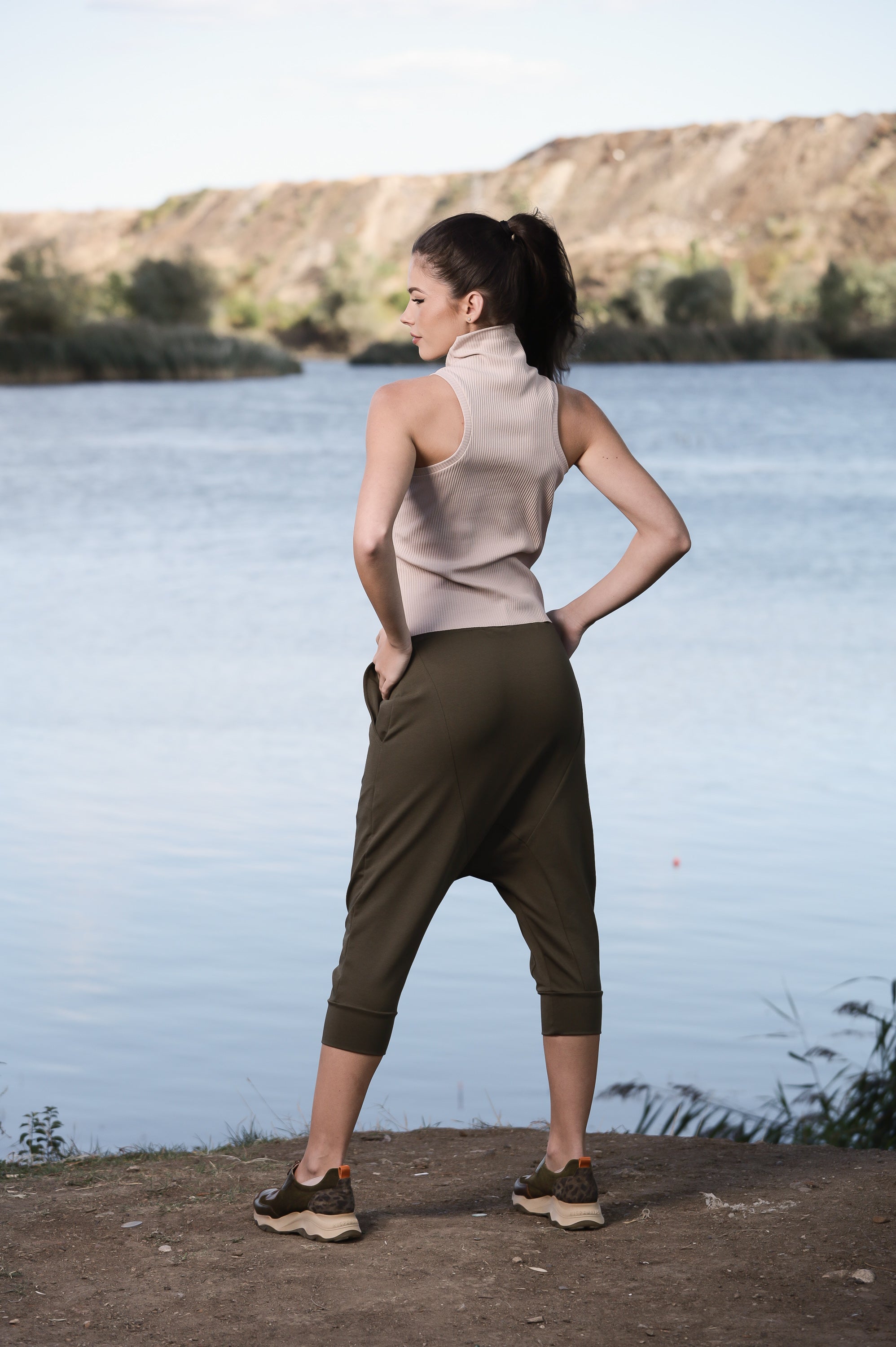 Khaki Drop Crotch Capri Pants – Women’s Harem Trousers